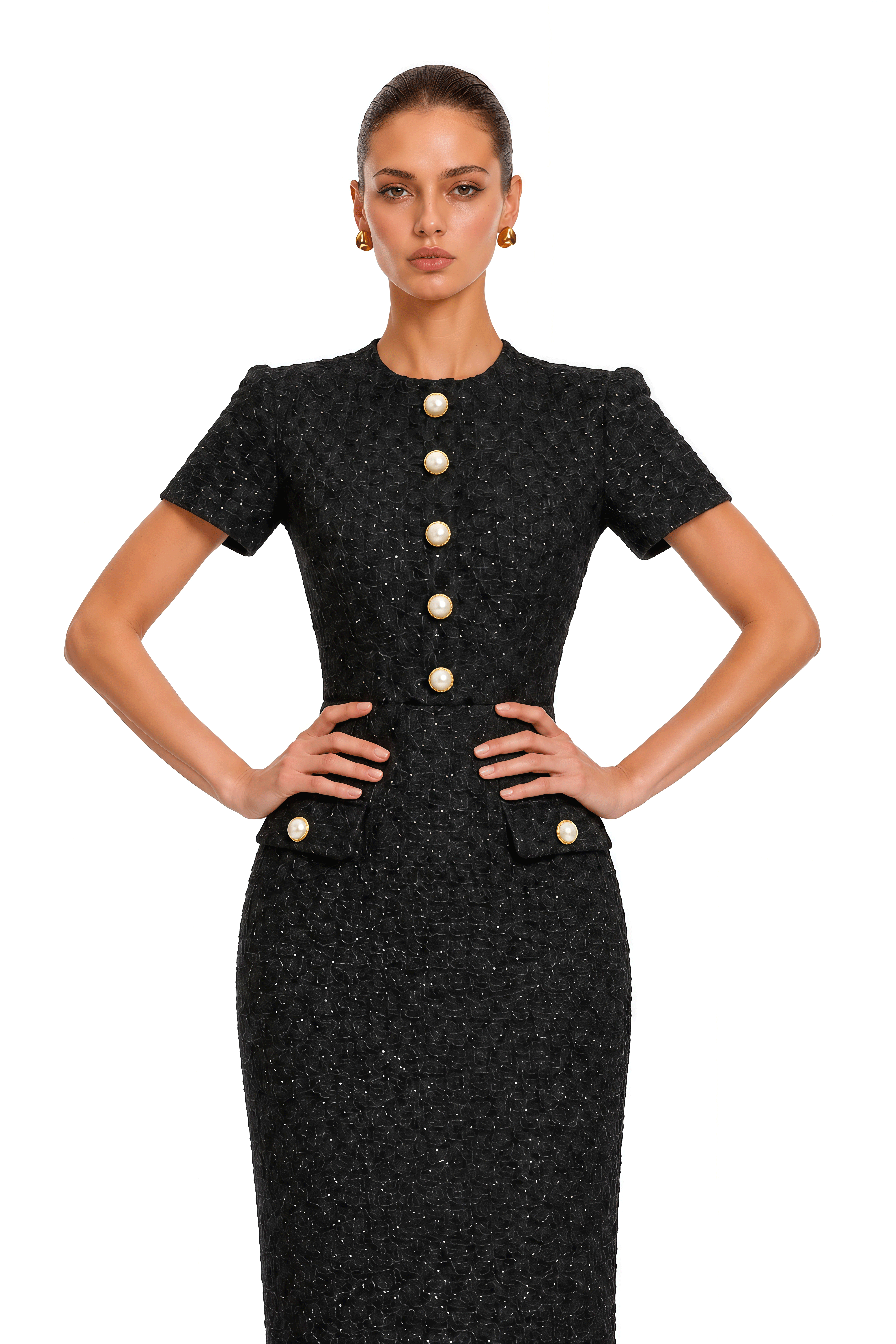 Arna Black Round Neck Tweed Midi Dress