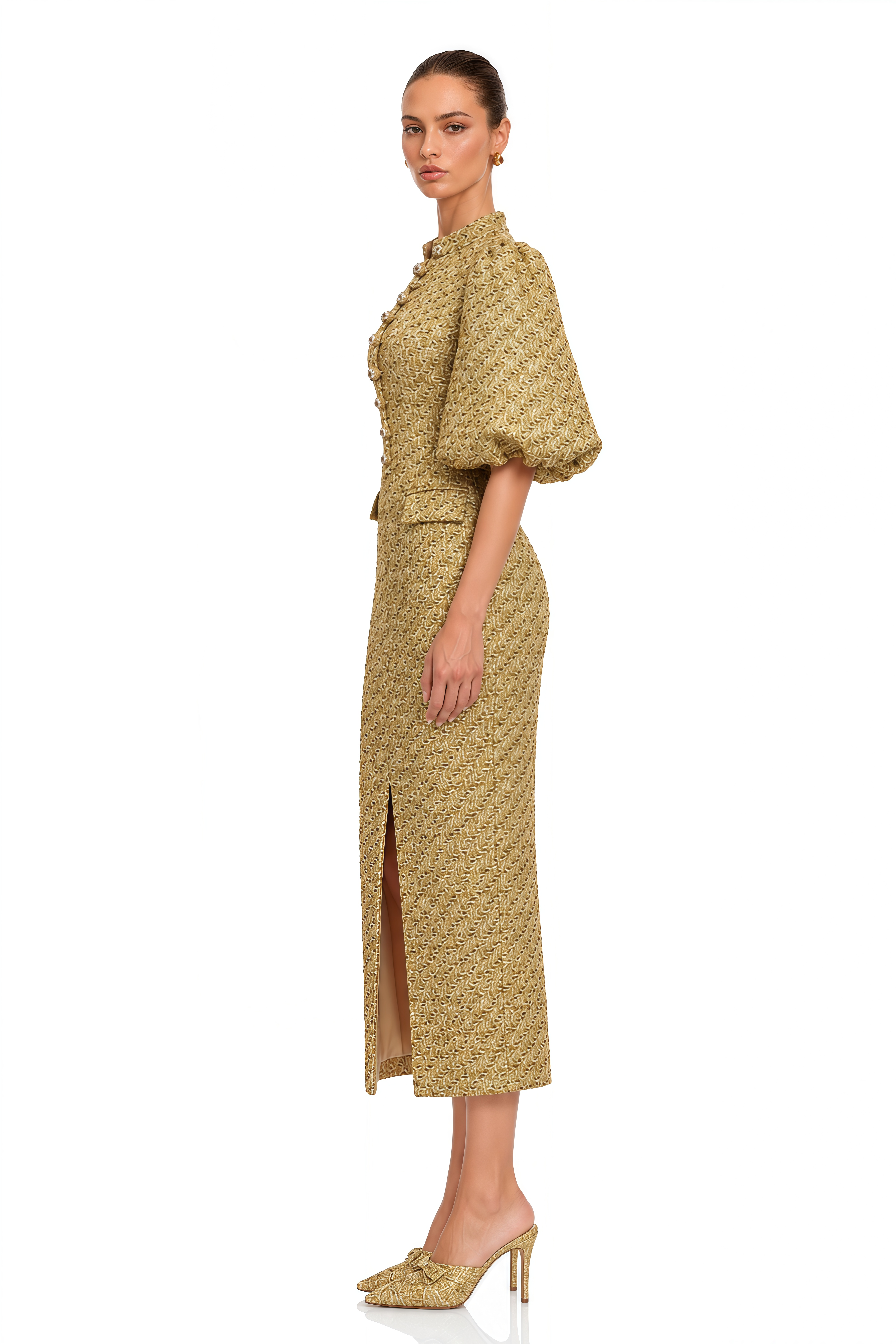 Arna Gold Metallic Puff Sleeve Midi Dress