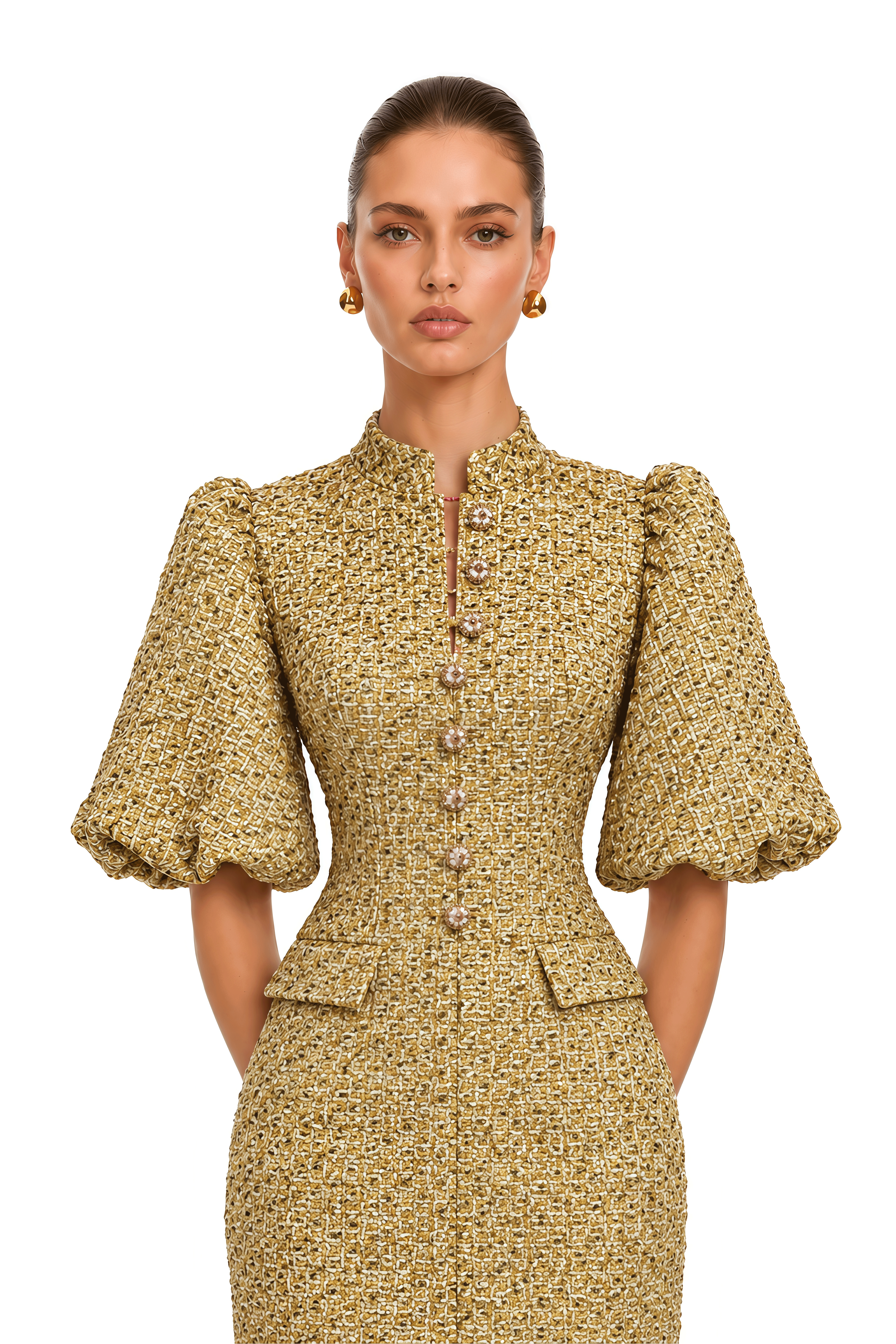 Arna Gold Metallic Puff Sleeve Midi Dress
