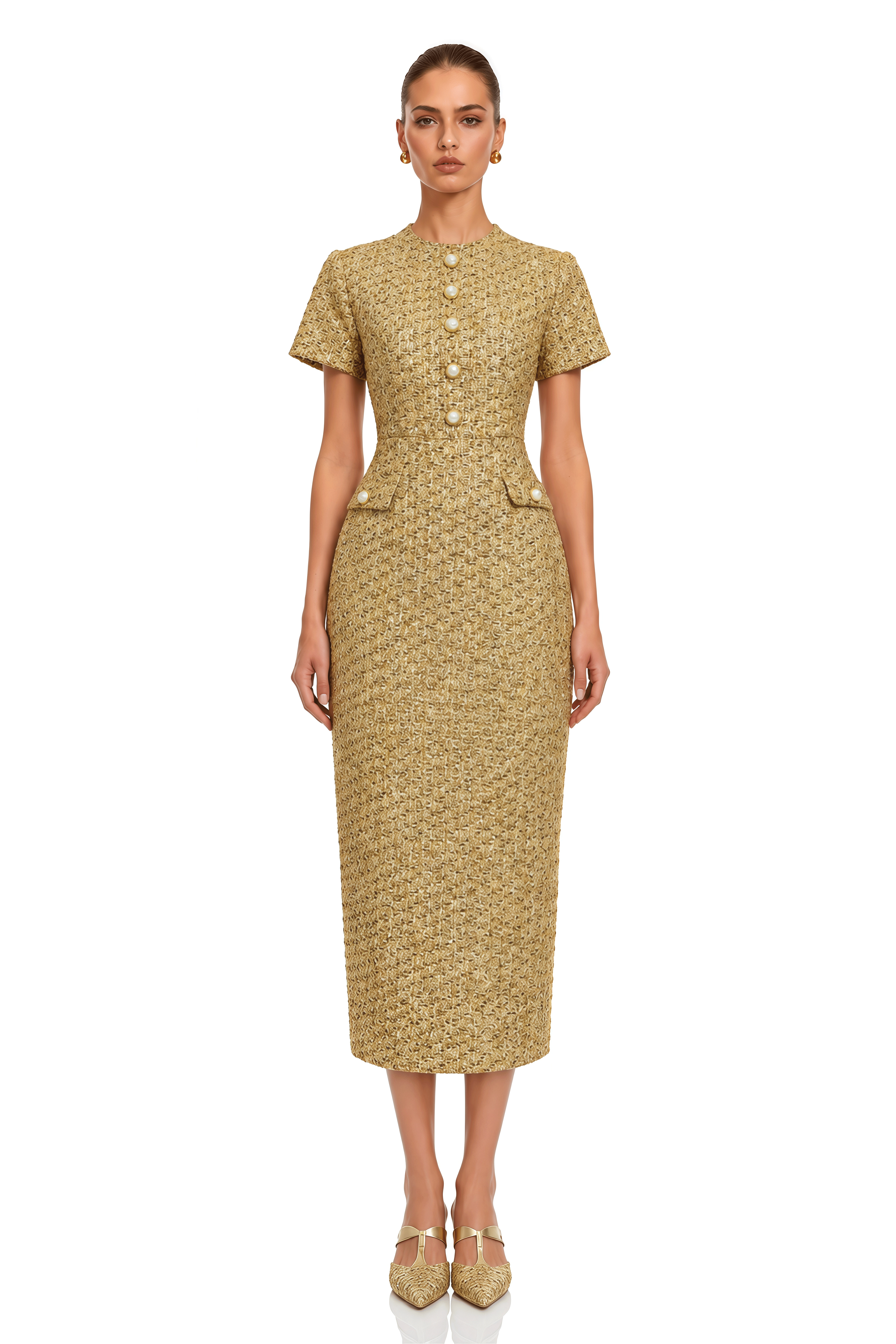 Arna Gold Square Neck Tweed Midi Dress