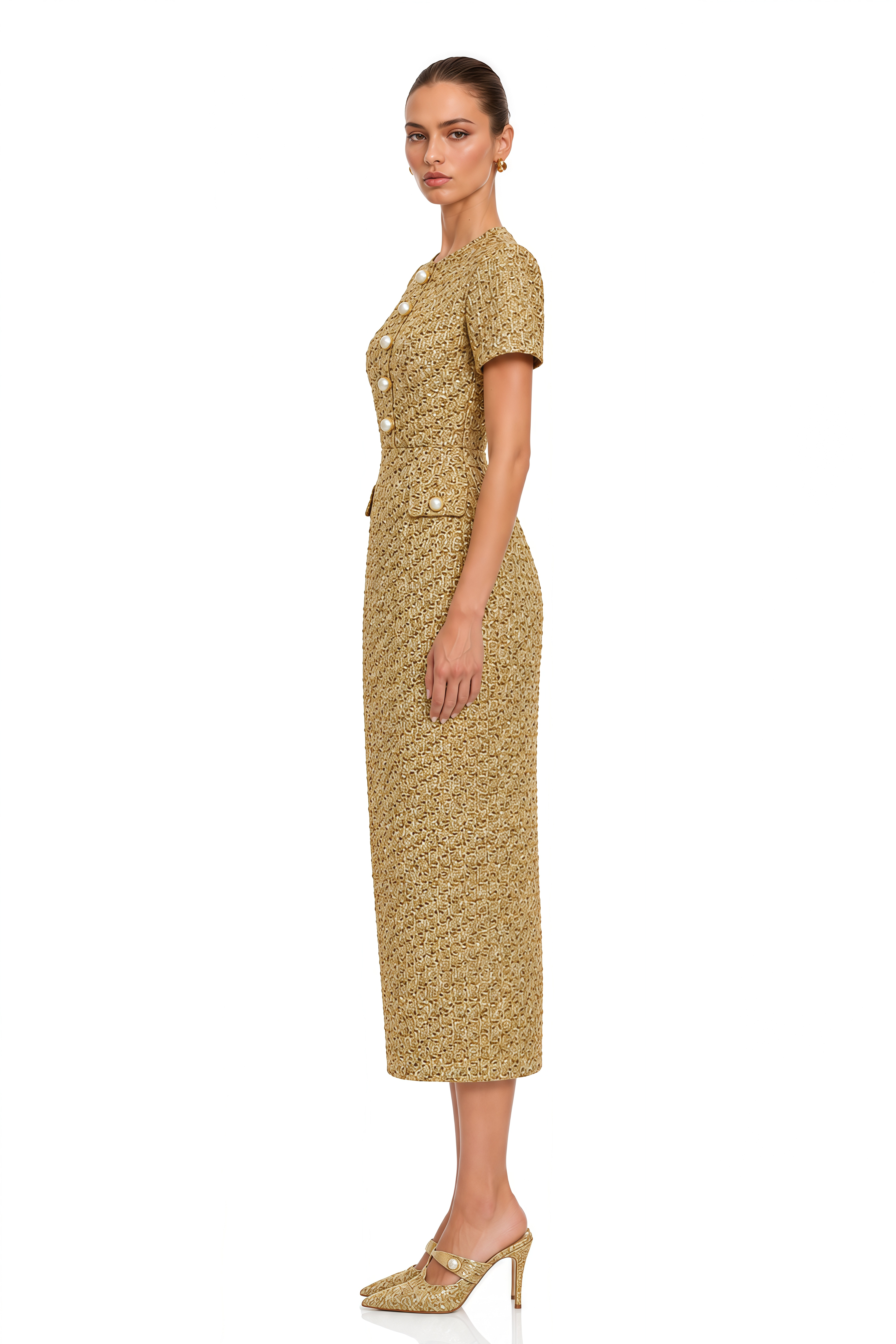 Arna Gold Square Neck Tweed Midi Dress