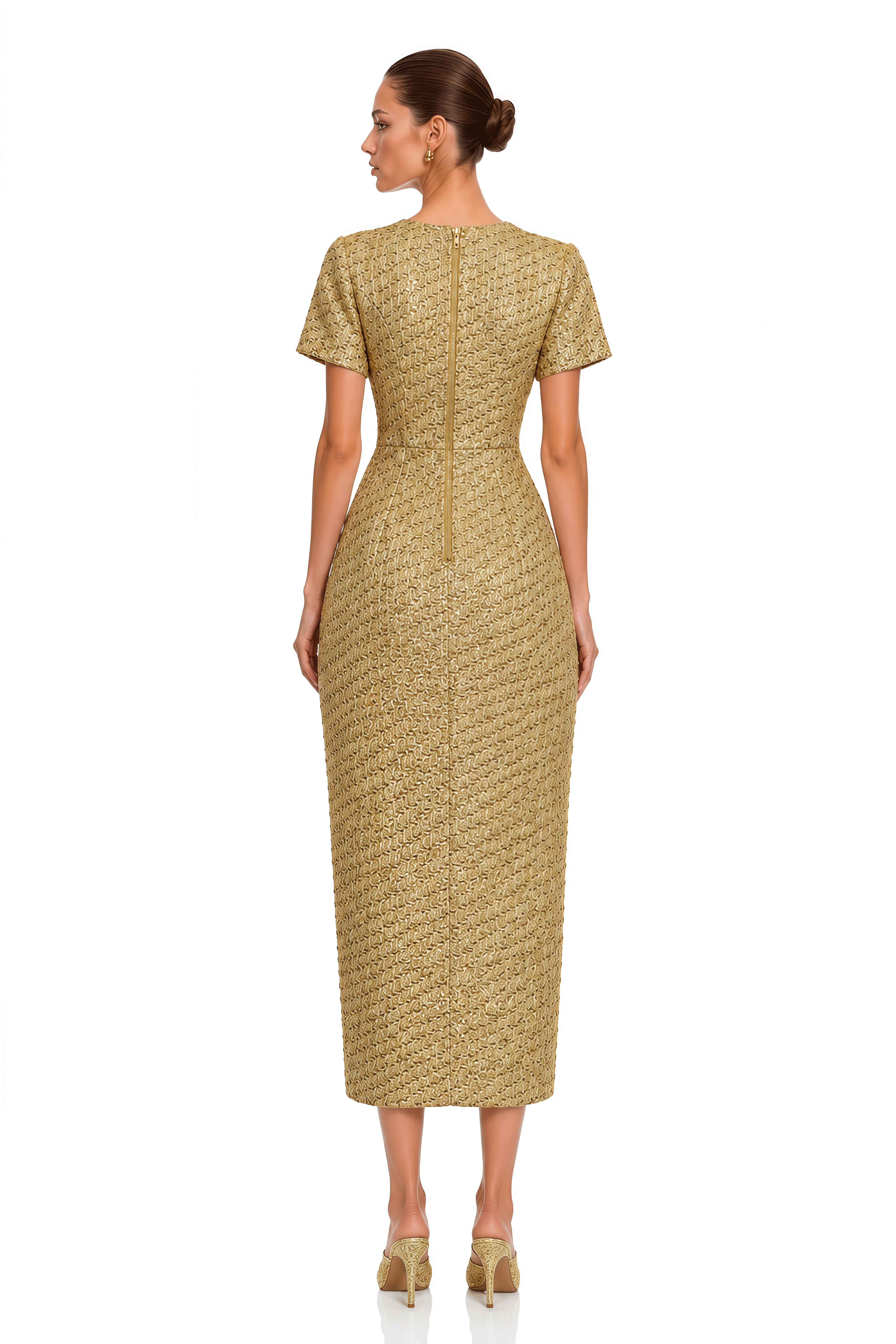 Arna Gold Square Neck Tweed Midi Dress