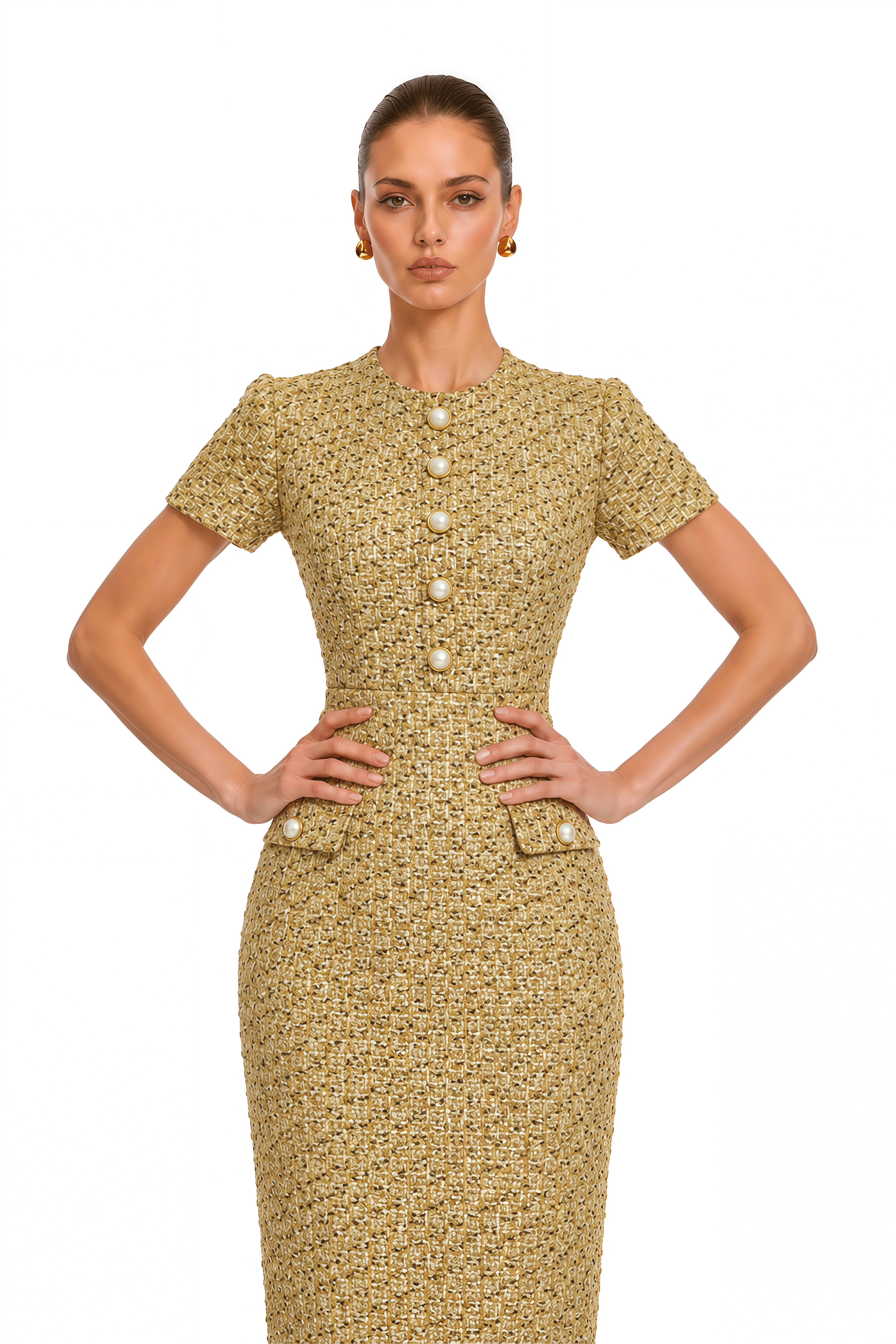Arna Gold Square Neck Tweed Midi Dress