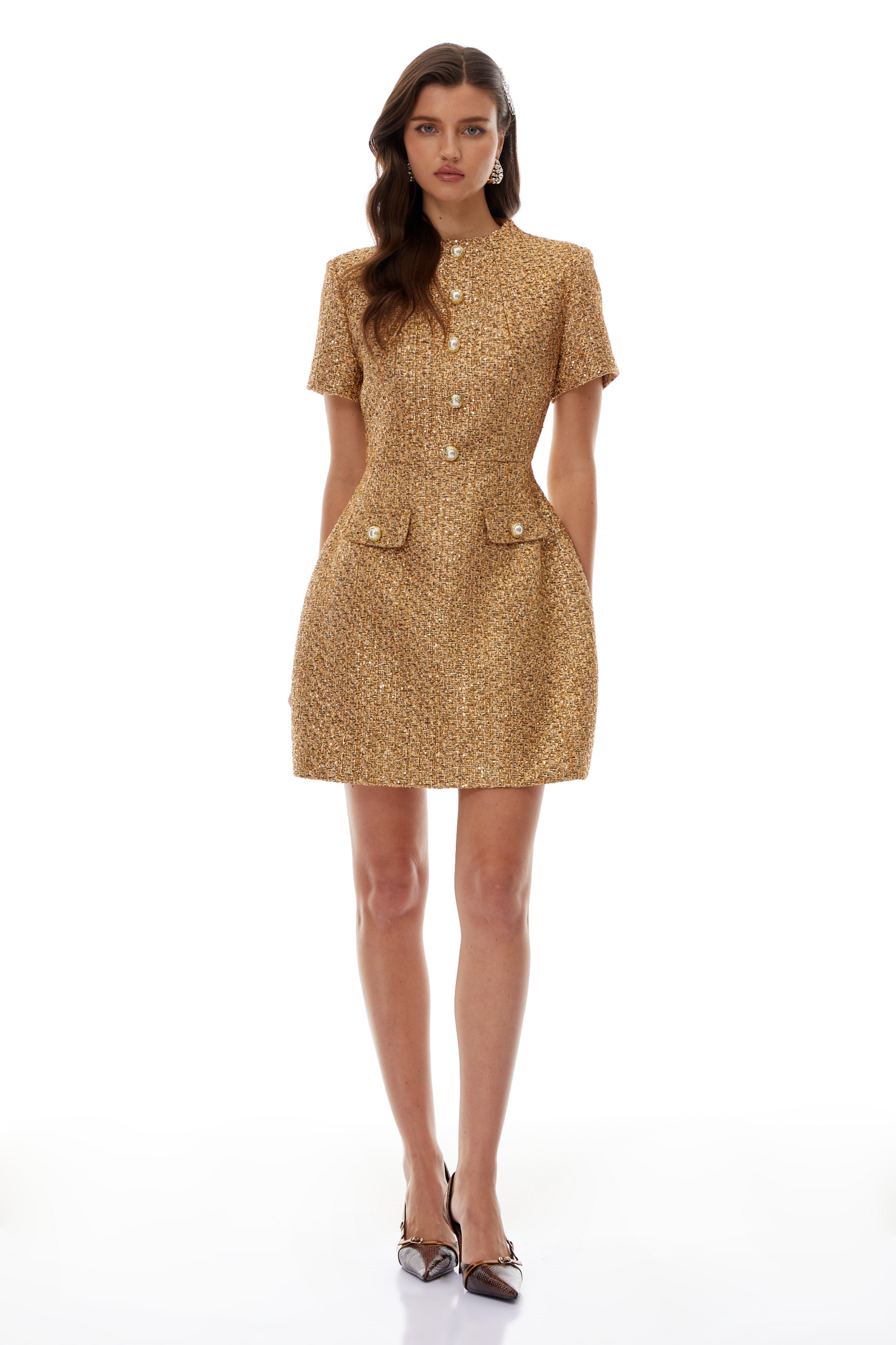 Gold bouclé mini dress with pearl detailing