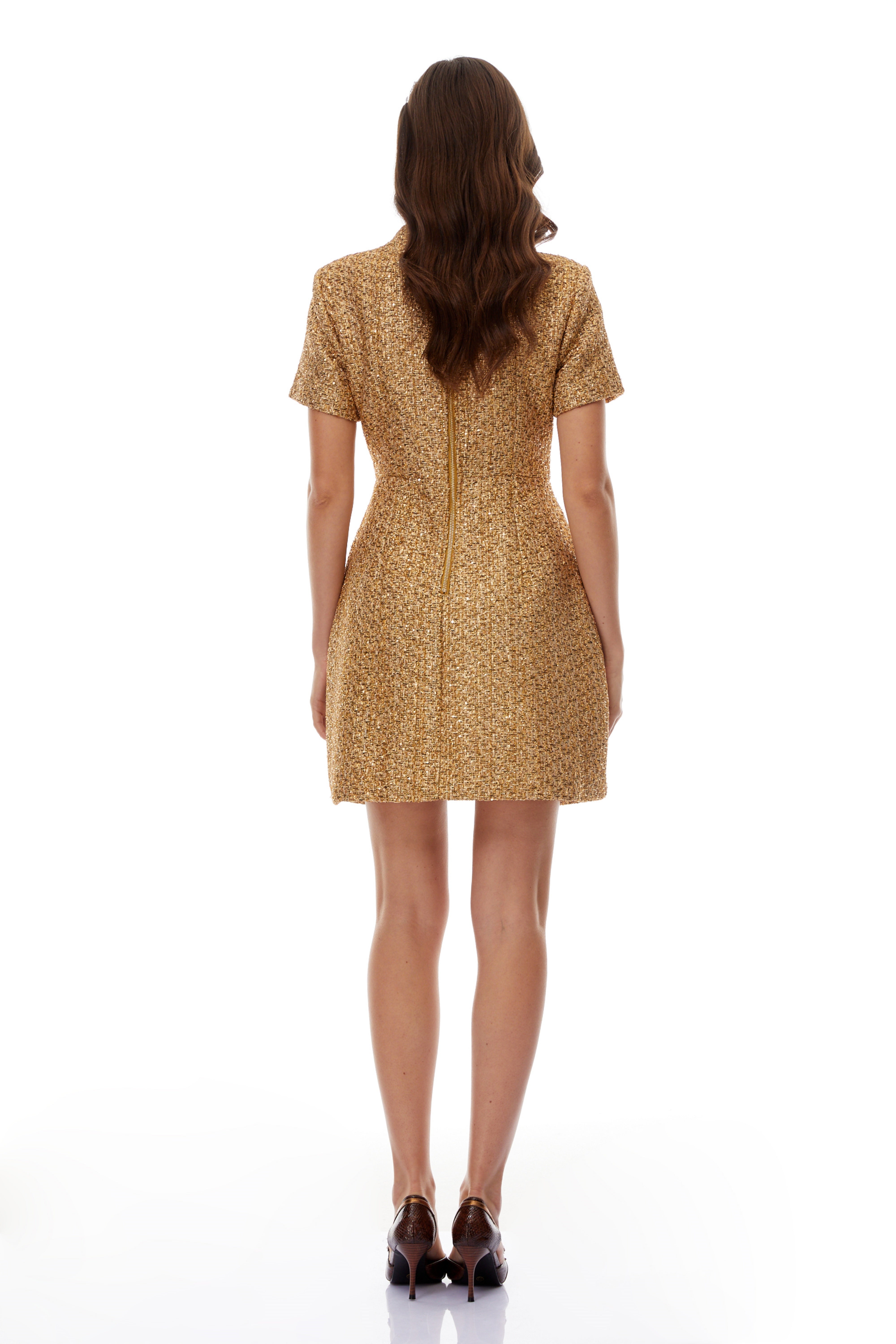 Gold bouclé mini dress with pearl detailing