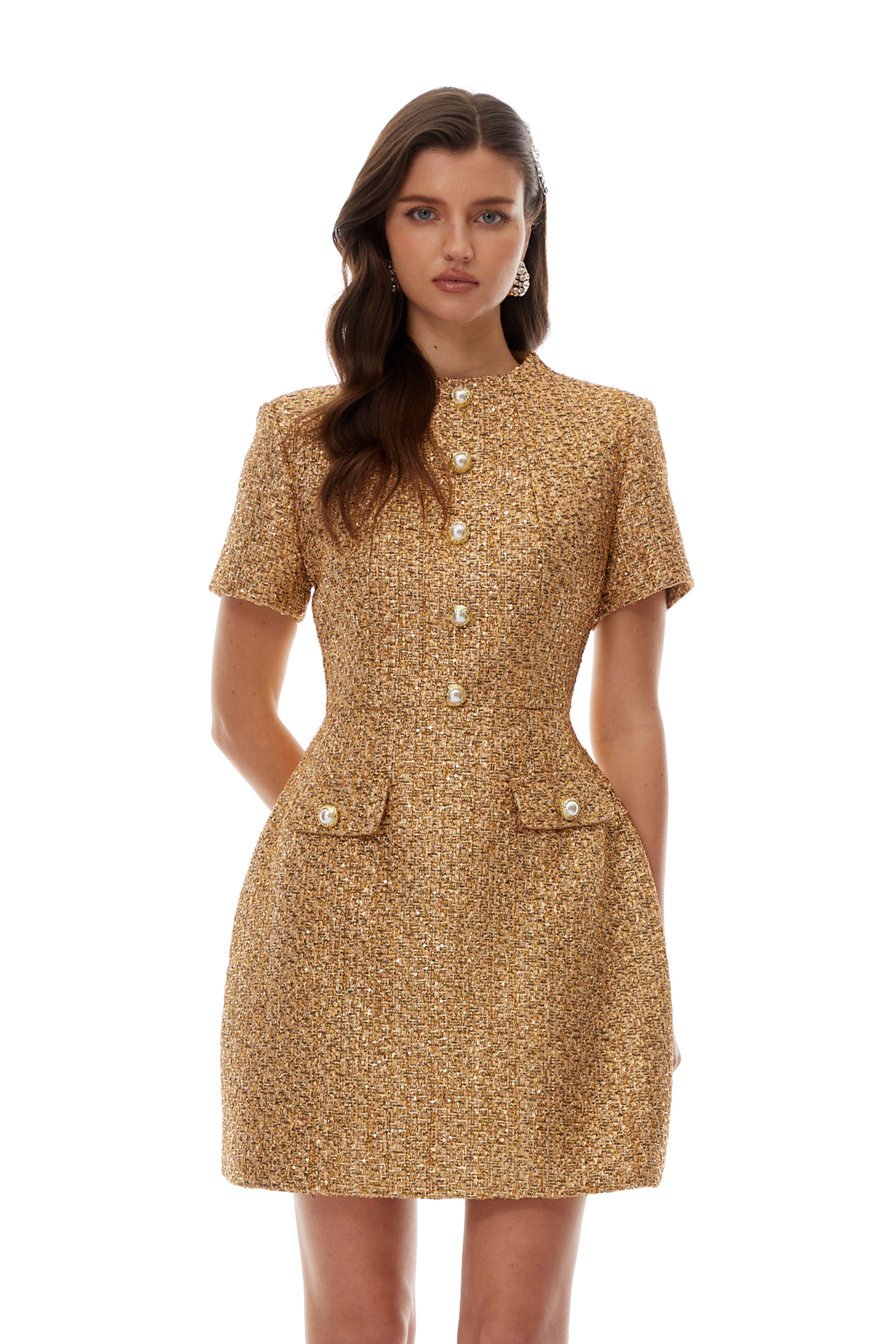 Gold bouclé mini dress with pearl detailing