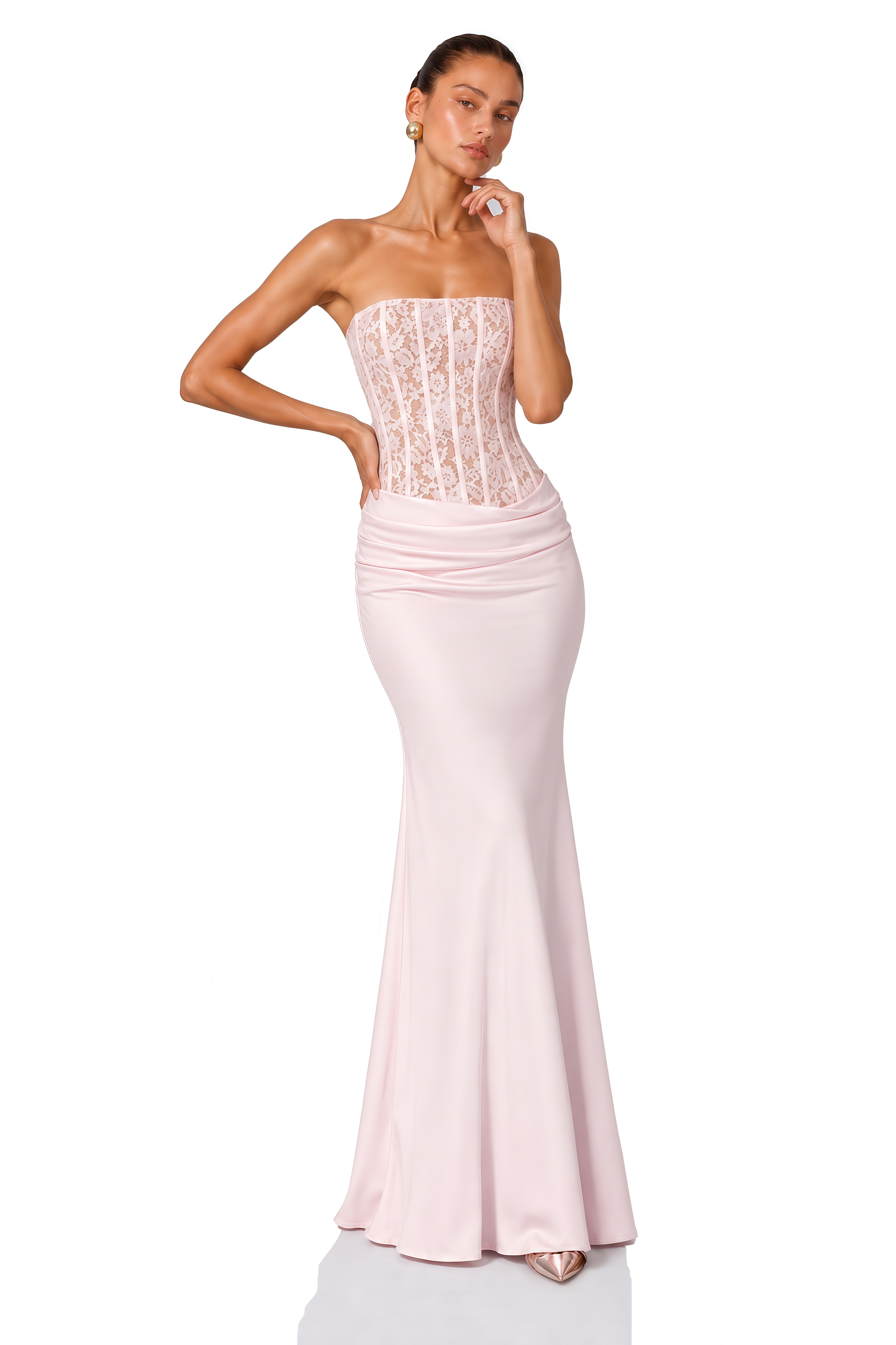 Arshiya Pink Lace Corset Satin Maxi Dress & Bolero Set
