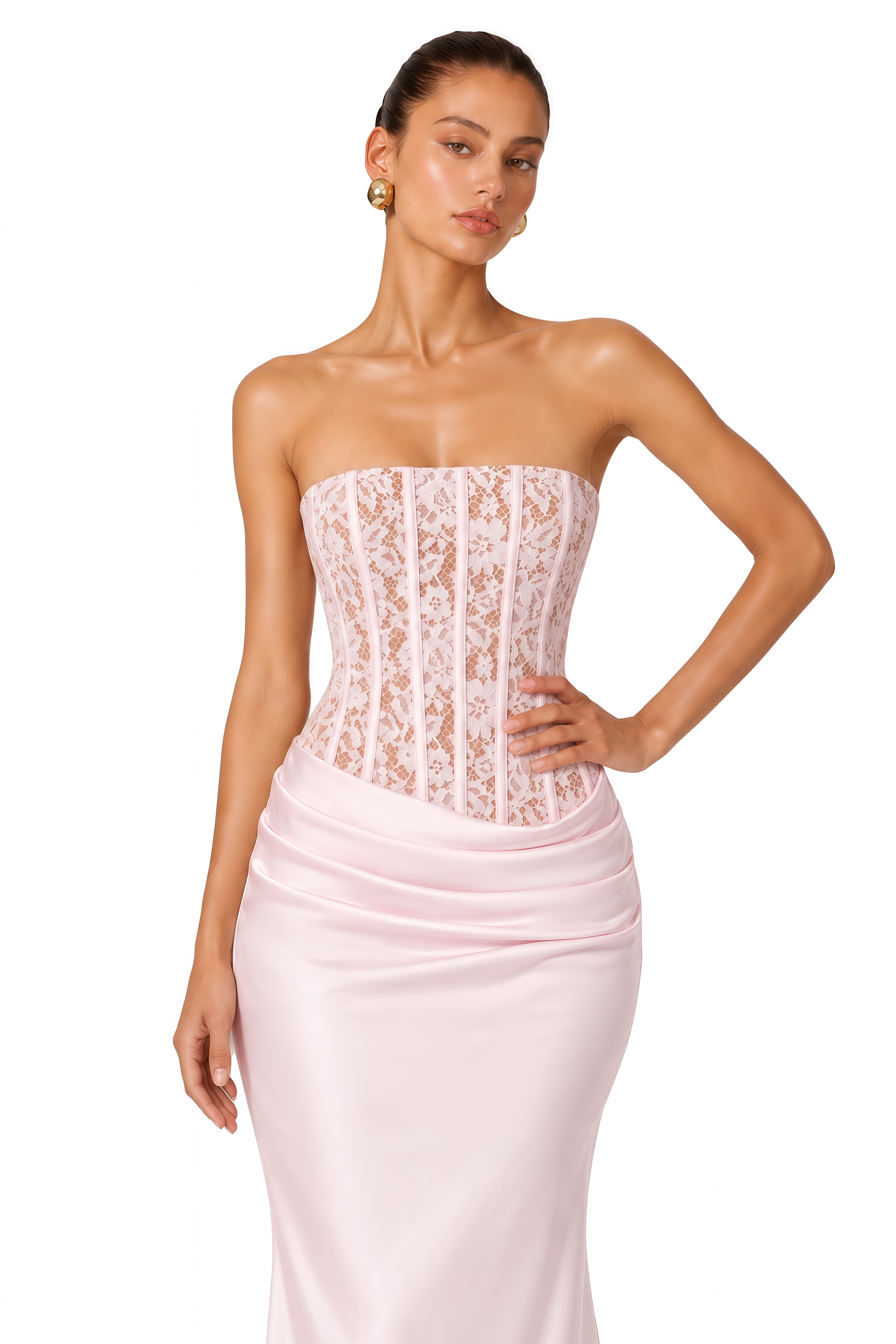 Arshiya Pink Lace Corset Satin Maxi Dress & Bolero Set
