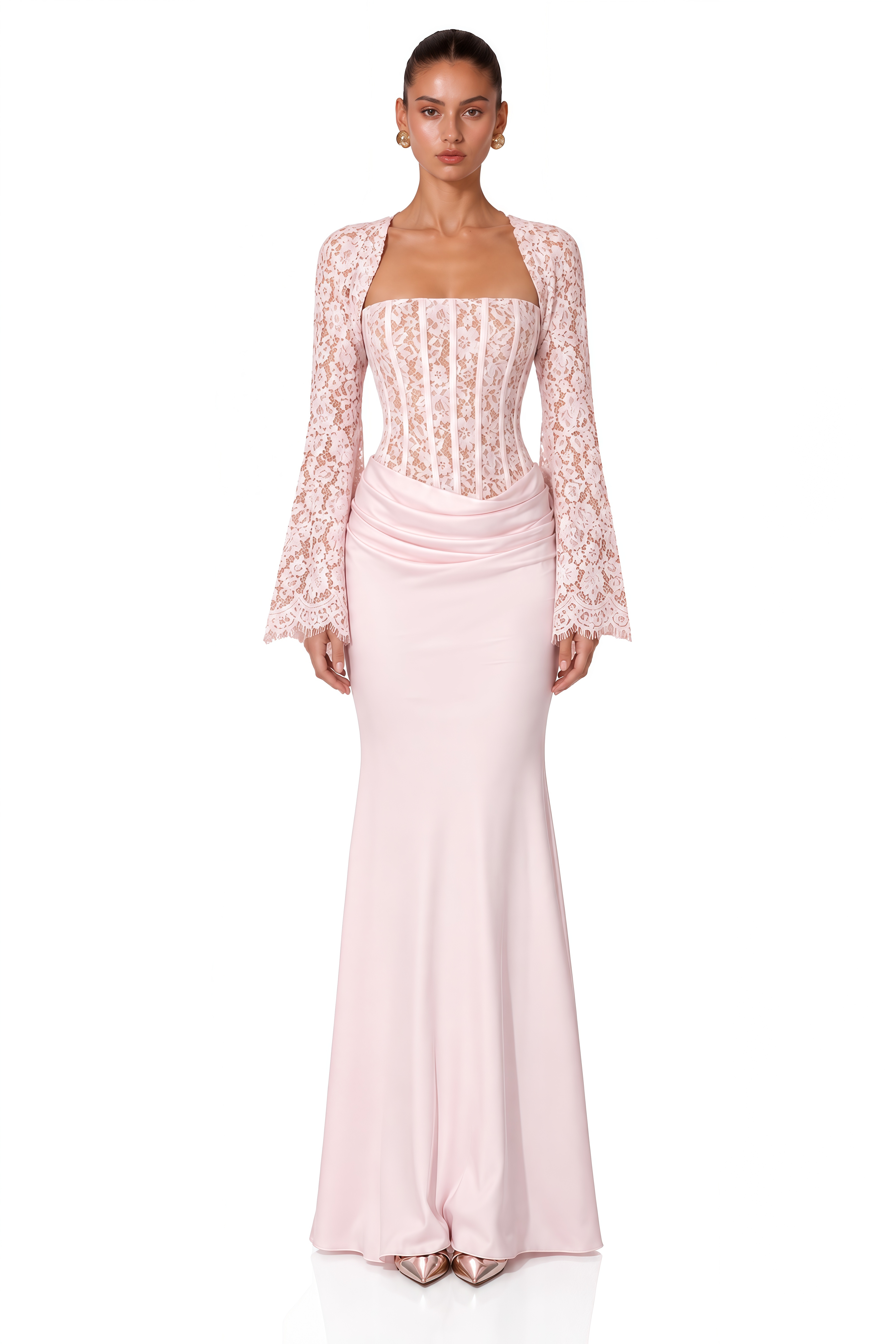 Arshiya Pink Lace Corset Satin Maxi Dress & Bolero Set
