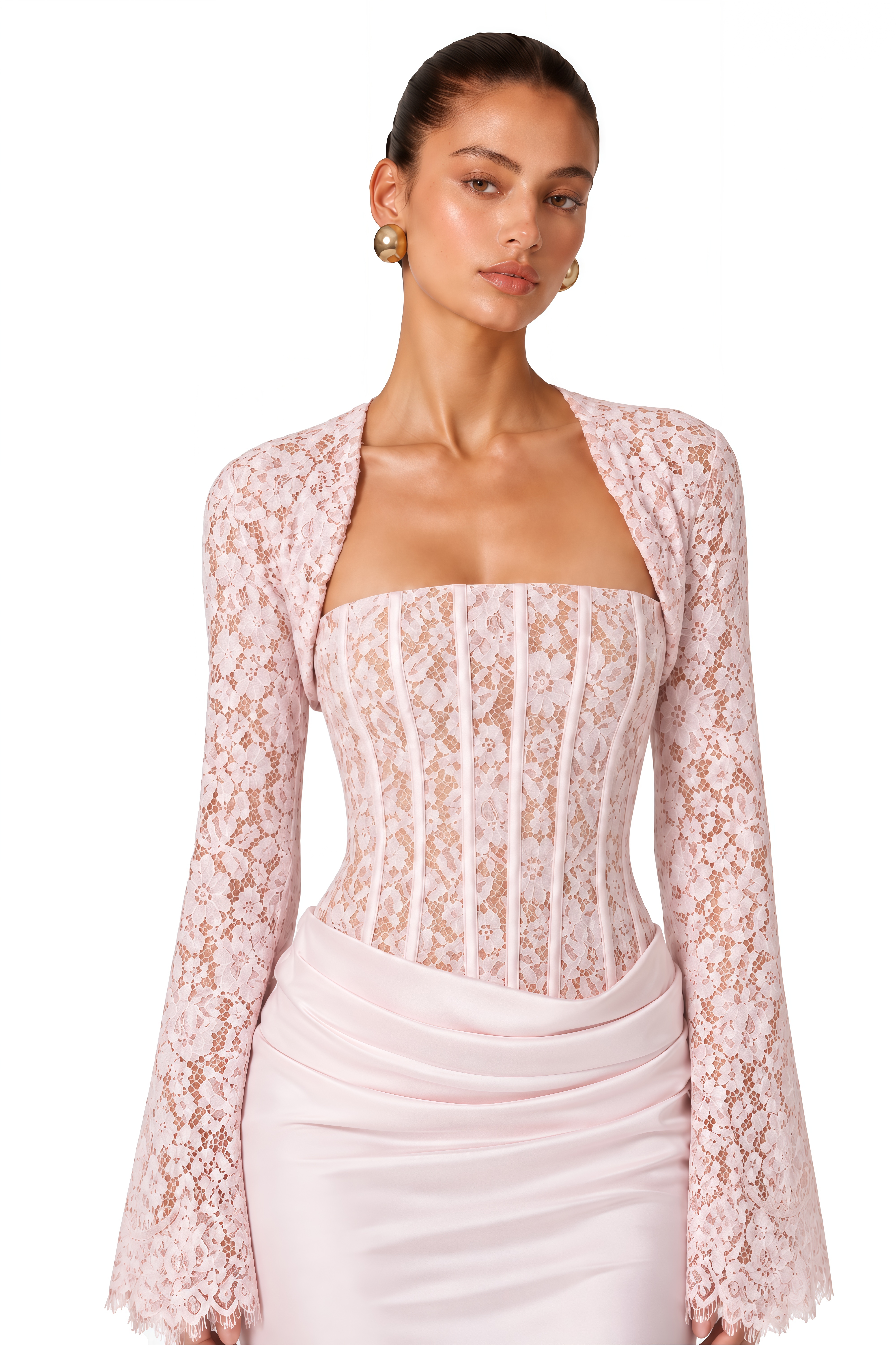 Arshiya Pink Lace Corset Satin Maxi Dress & Bolero Set