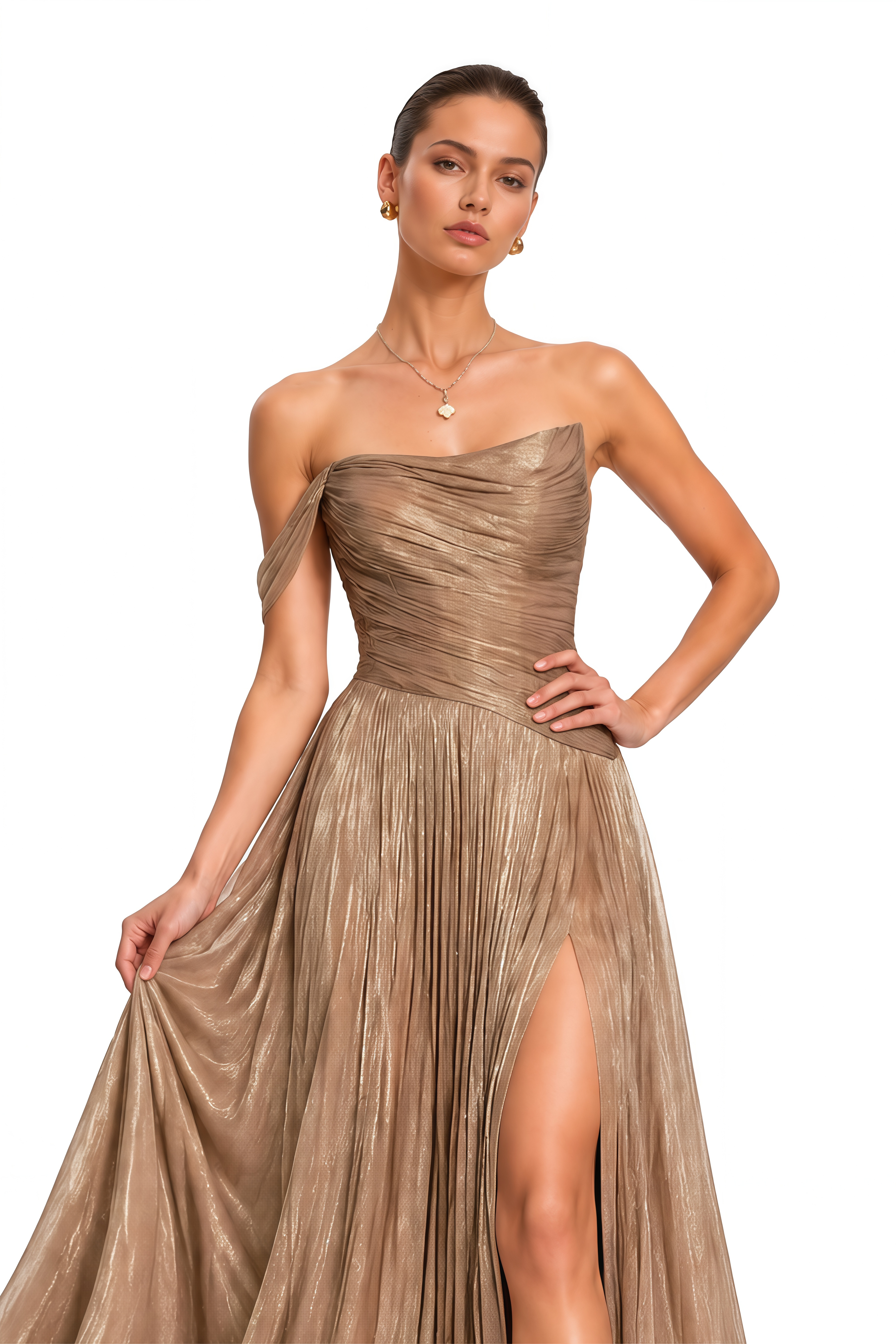 Asiyah Champagne Asymmetrical Ruched Maxi Dress