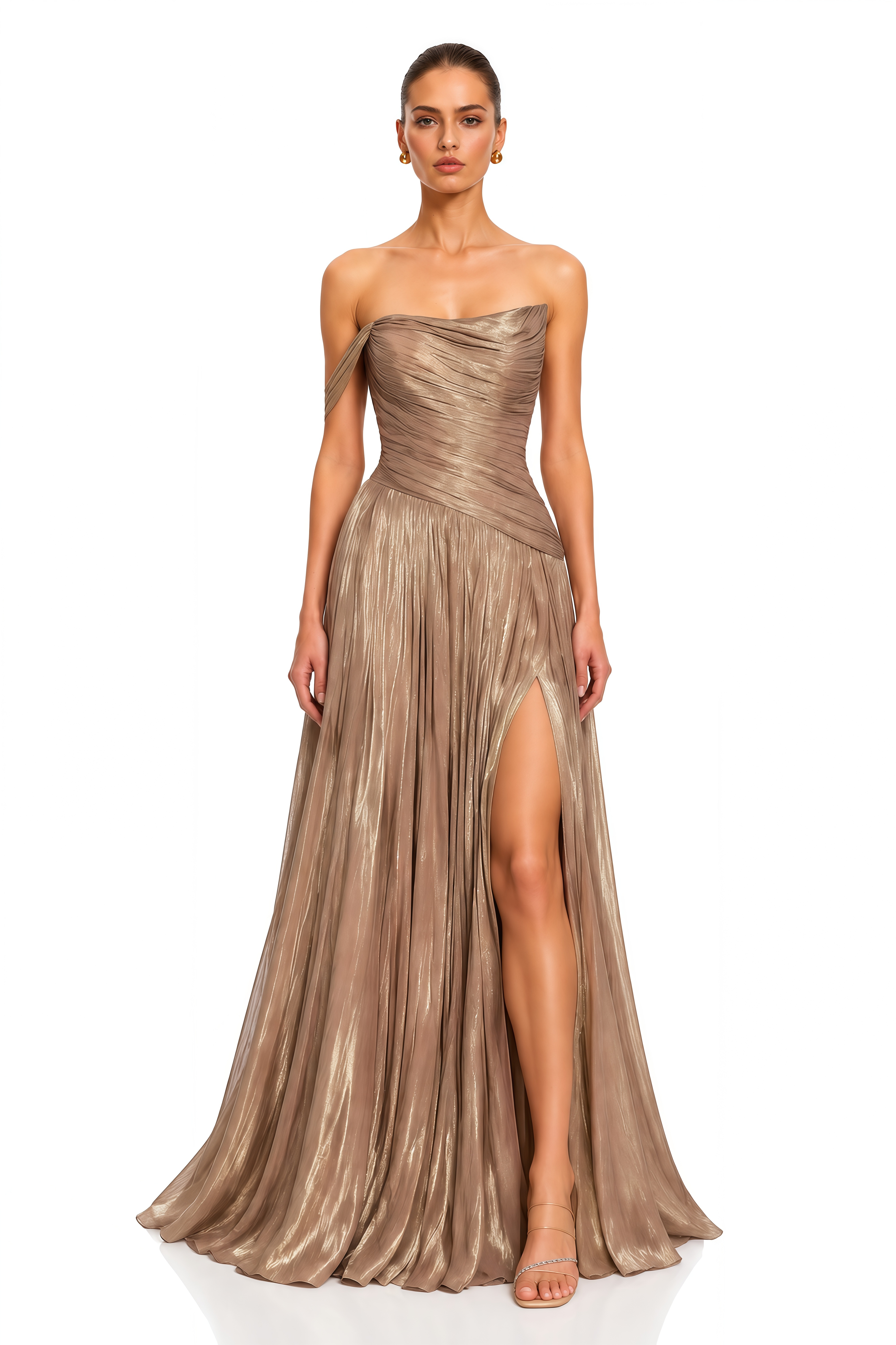 Asiyah Champagne Asymmetrical Ruched Maxi Dress