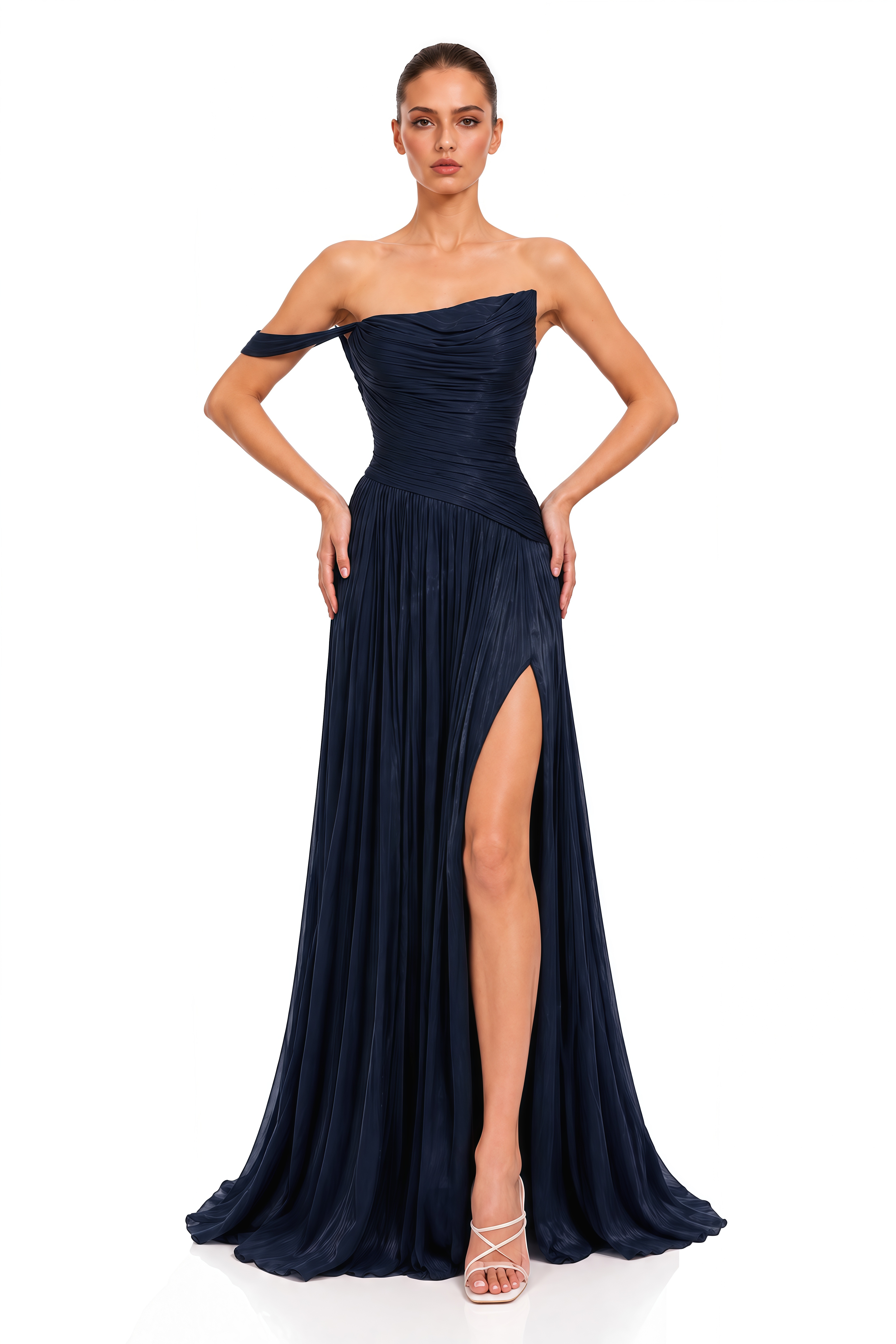 Asiyah Navy Blue Asymmetrical Ruched Maxi Dress