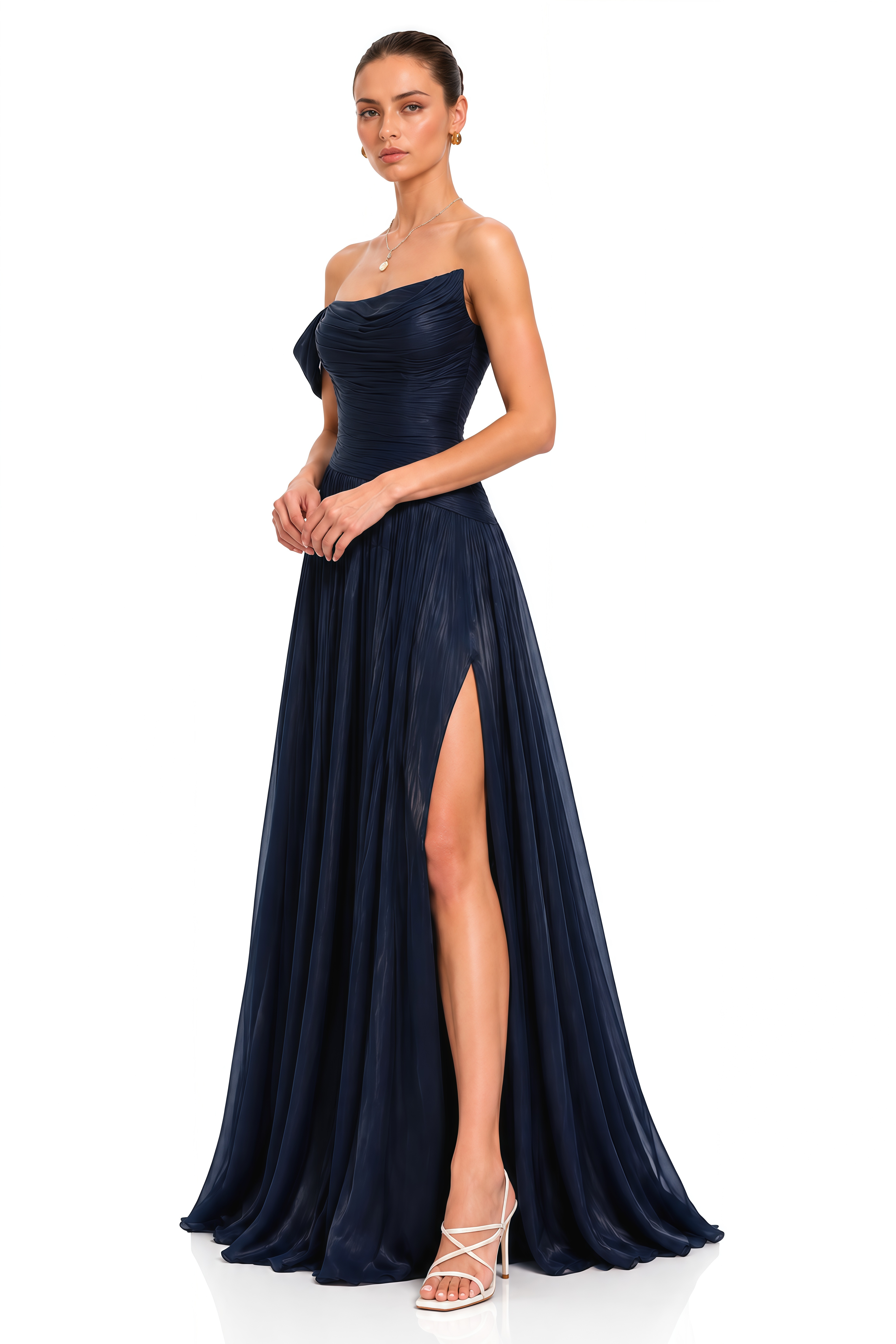 Asiyah Navy Blue Asymmetrical Ruched Maxi Dress