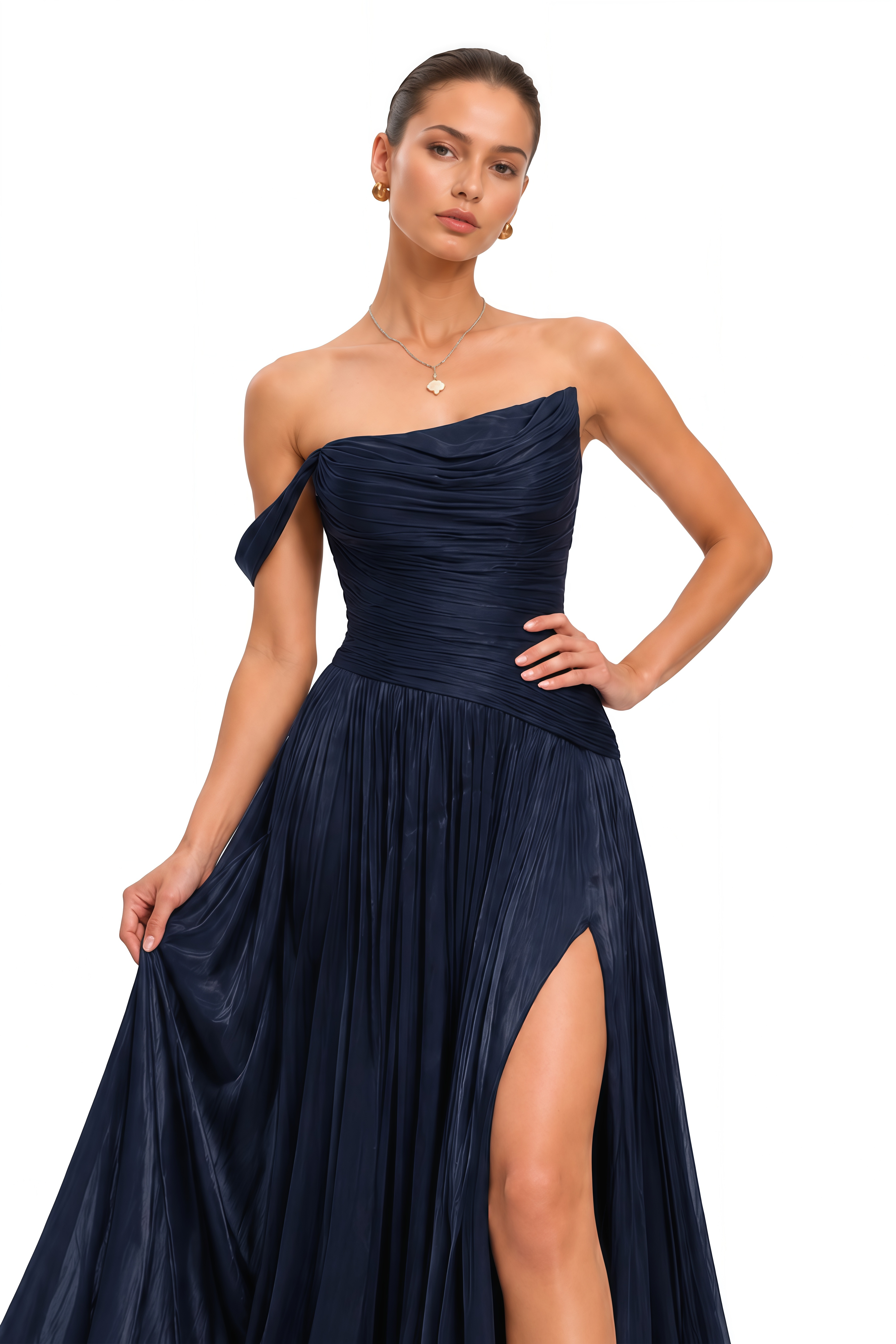 Asiyah Navy Blue Asymmetrical Ruched Maxi Dress