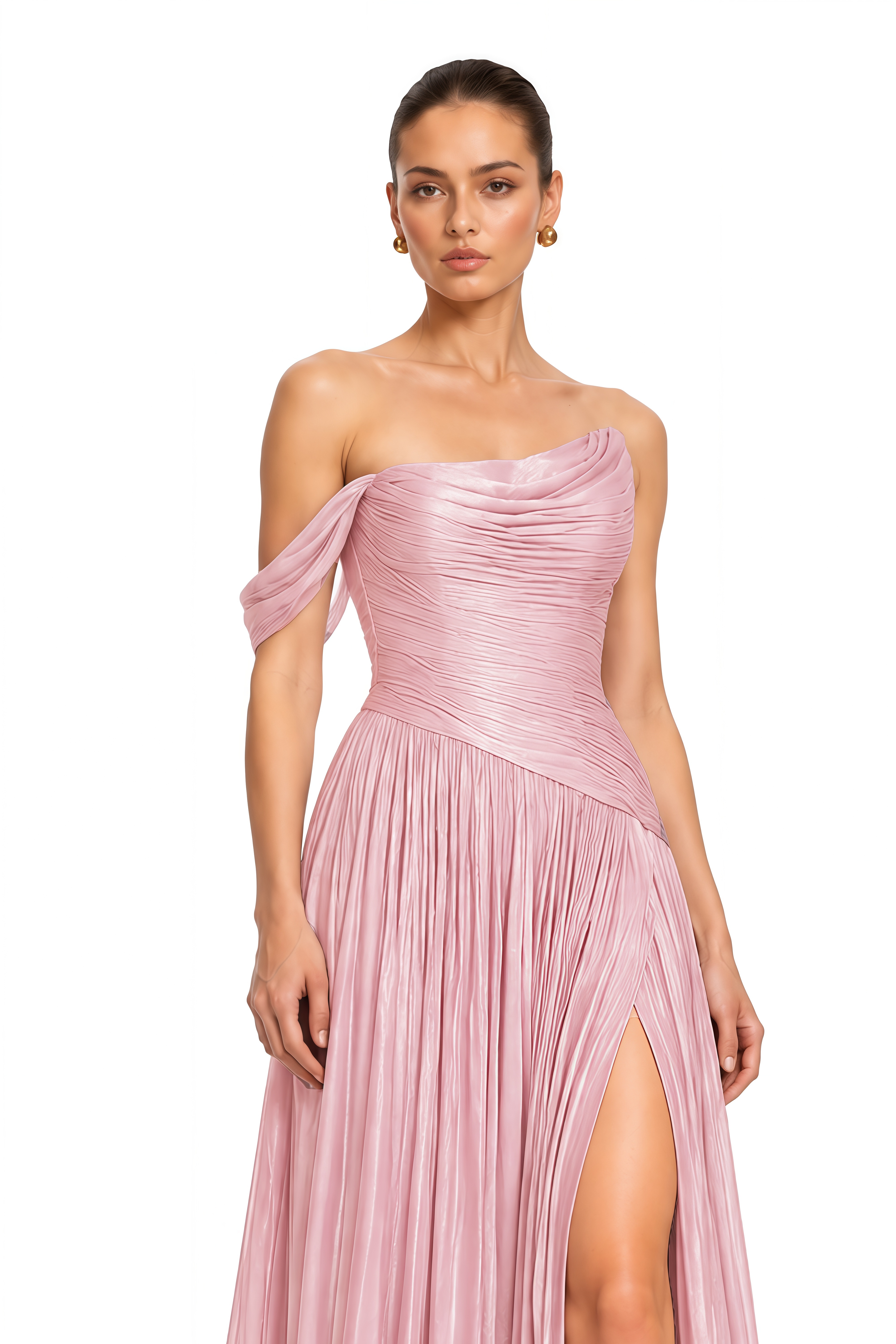 Asiyah Pink Asymmetrical Ruched Maxi Dress