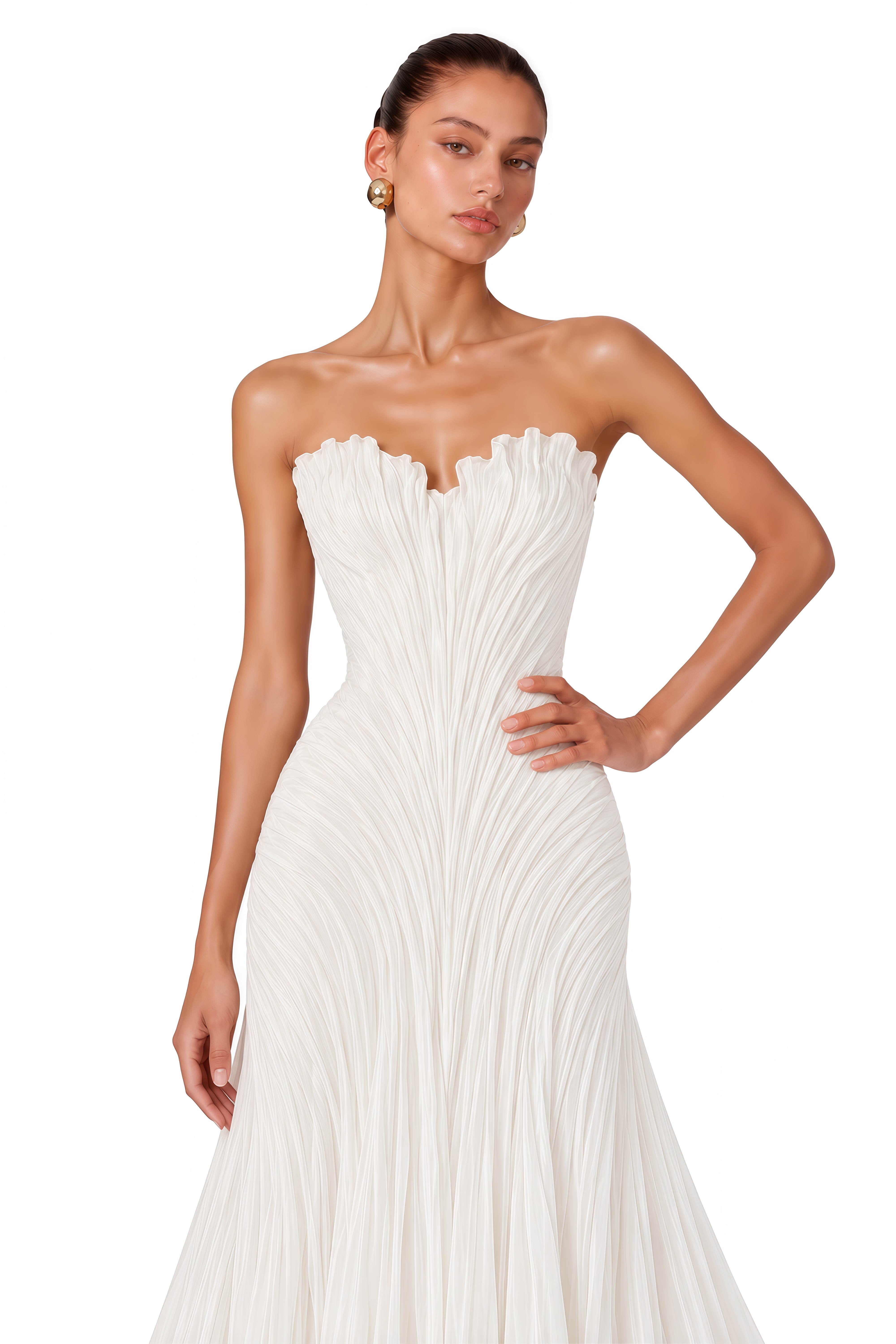 Aspyn White Pleated Strapless Mermaid Maxi Dress