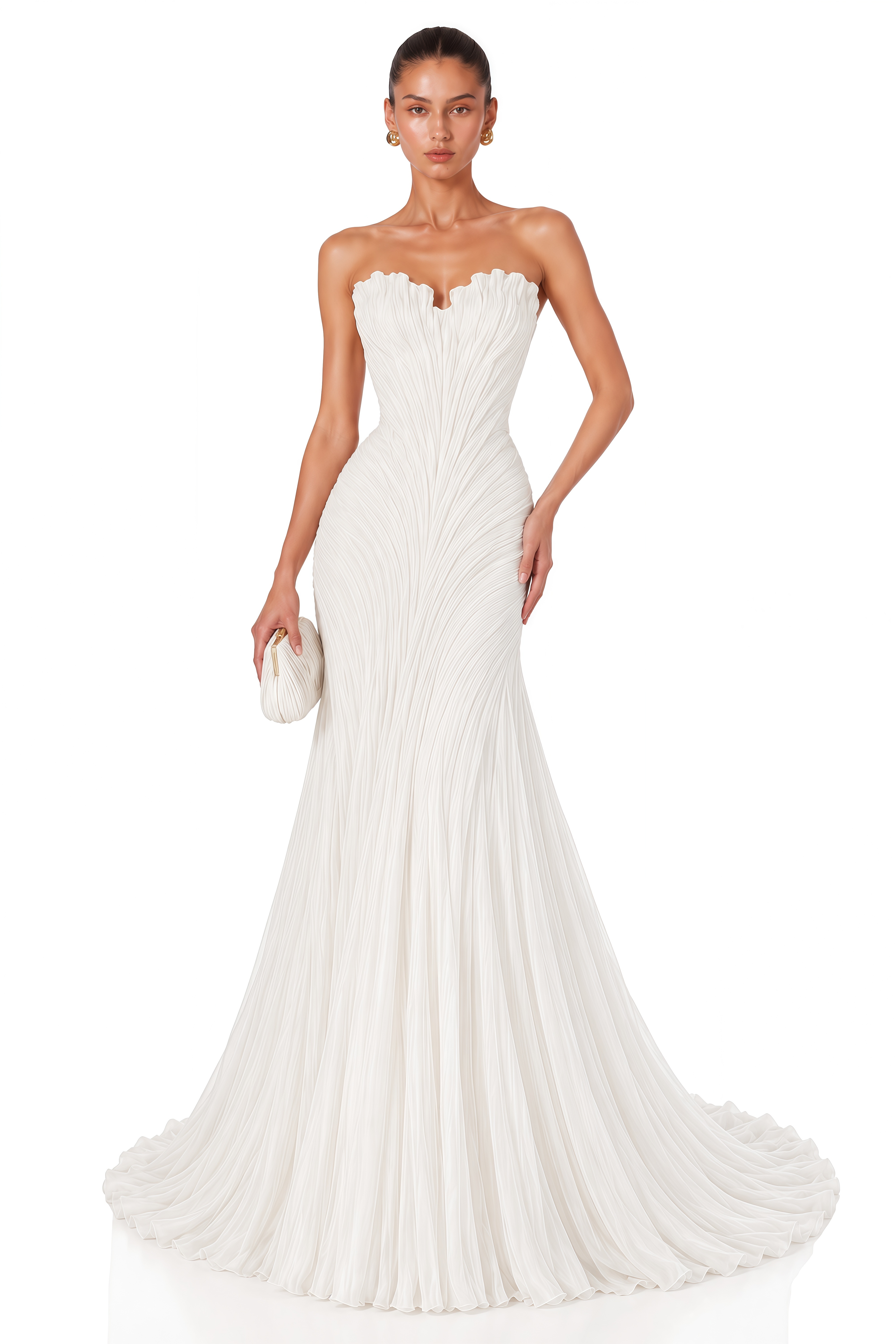 Aspyn White Pleated Strapless Mermaid Maxi Dress