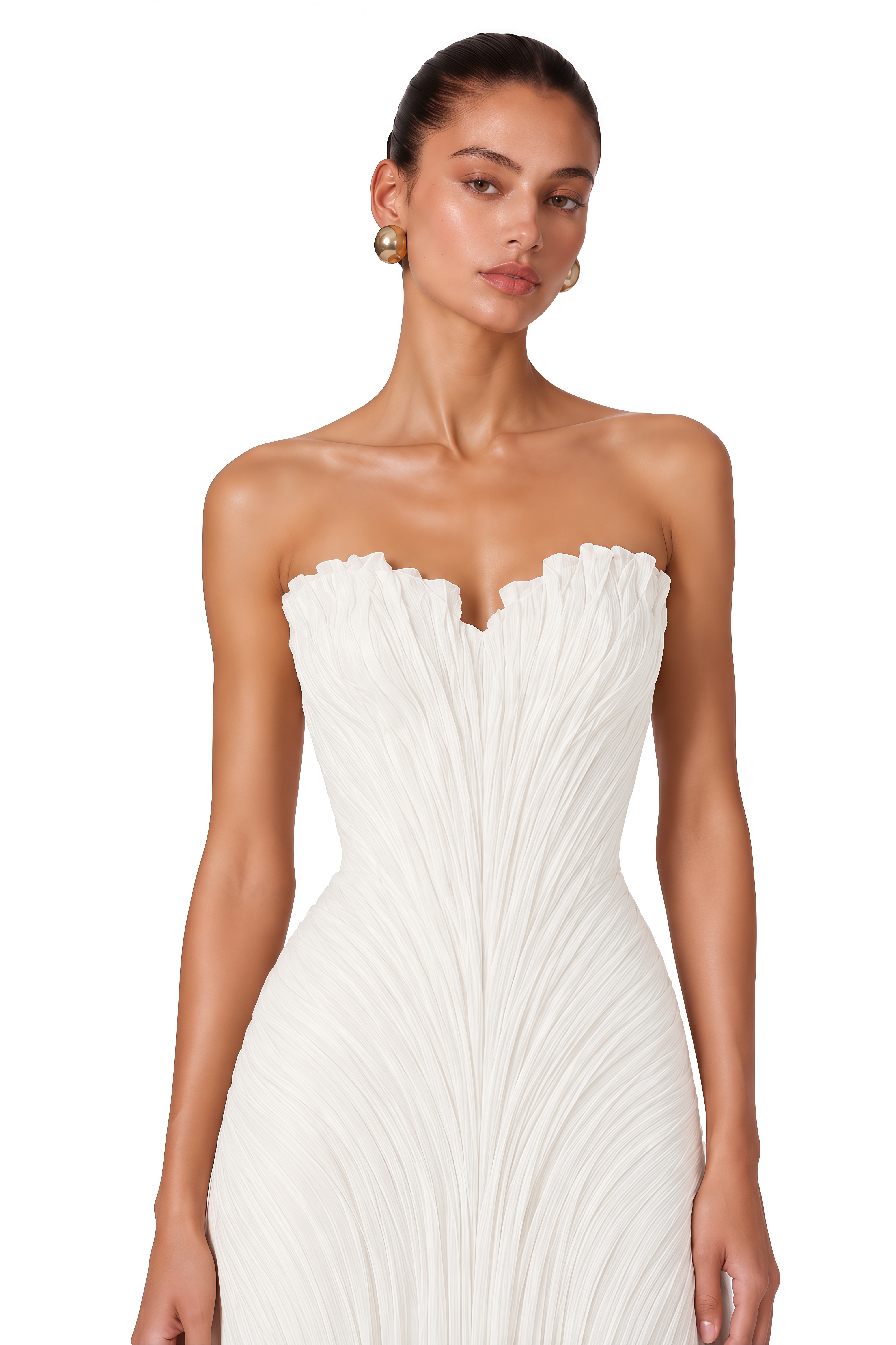 Aspyn White Pleated Strapless Mermaid Maxi Dress