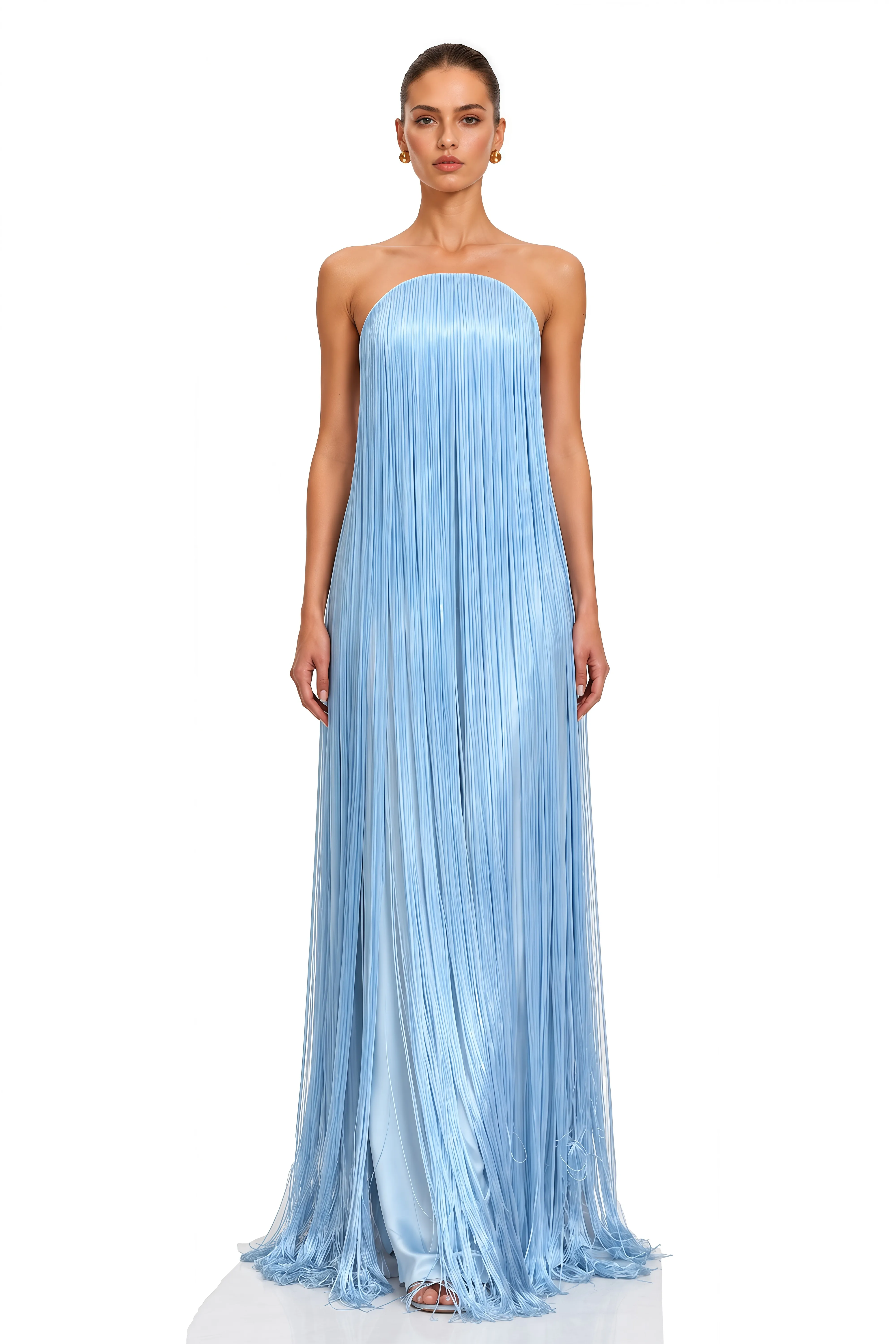 Asteria Ice Blue Strapless Fringe Maxi Dress