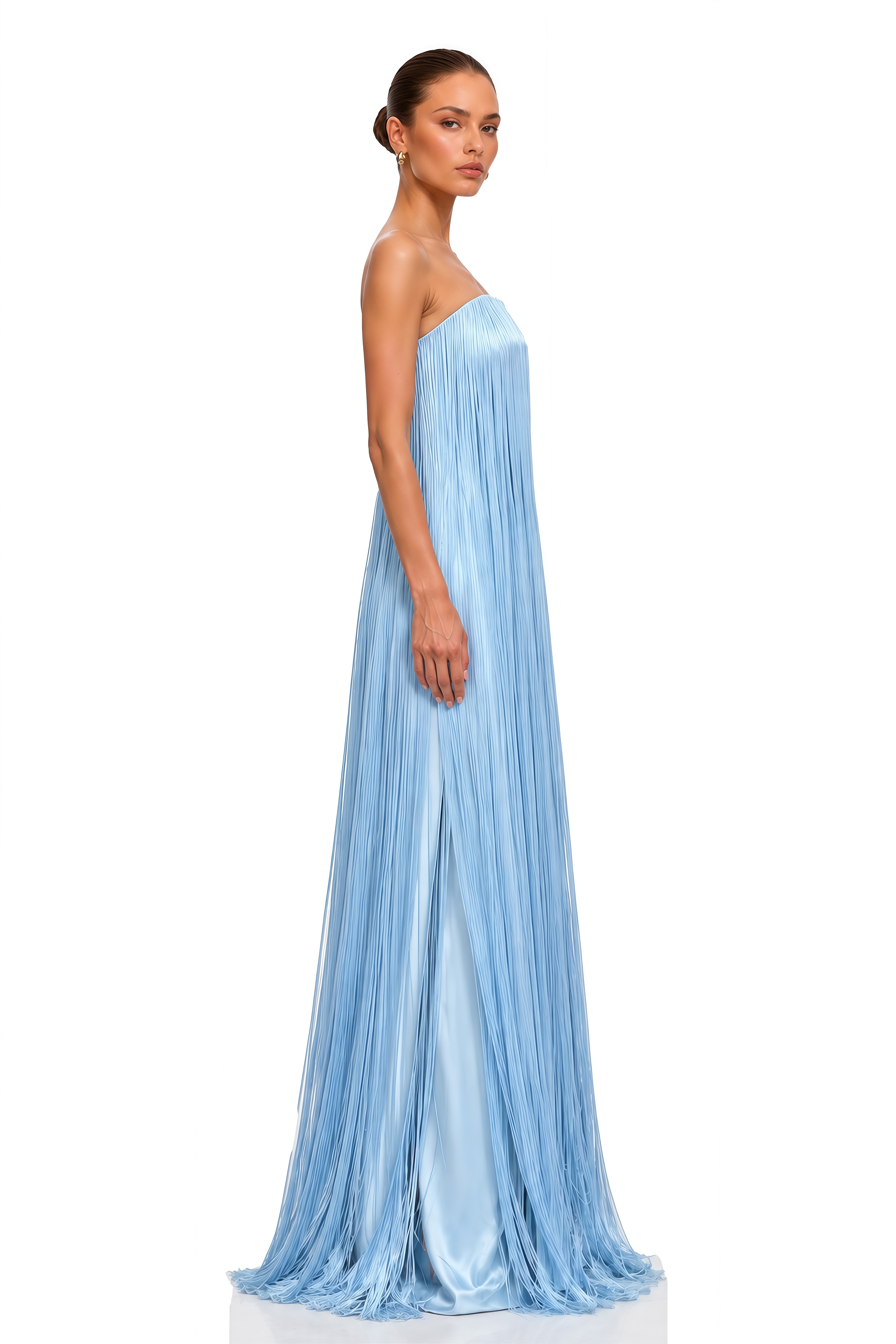 Asteria Ice Blue Strapless Fringe Maxi Dress