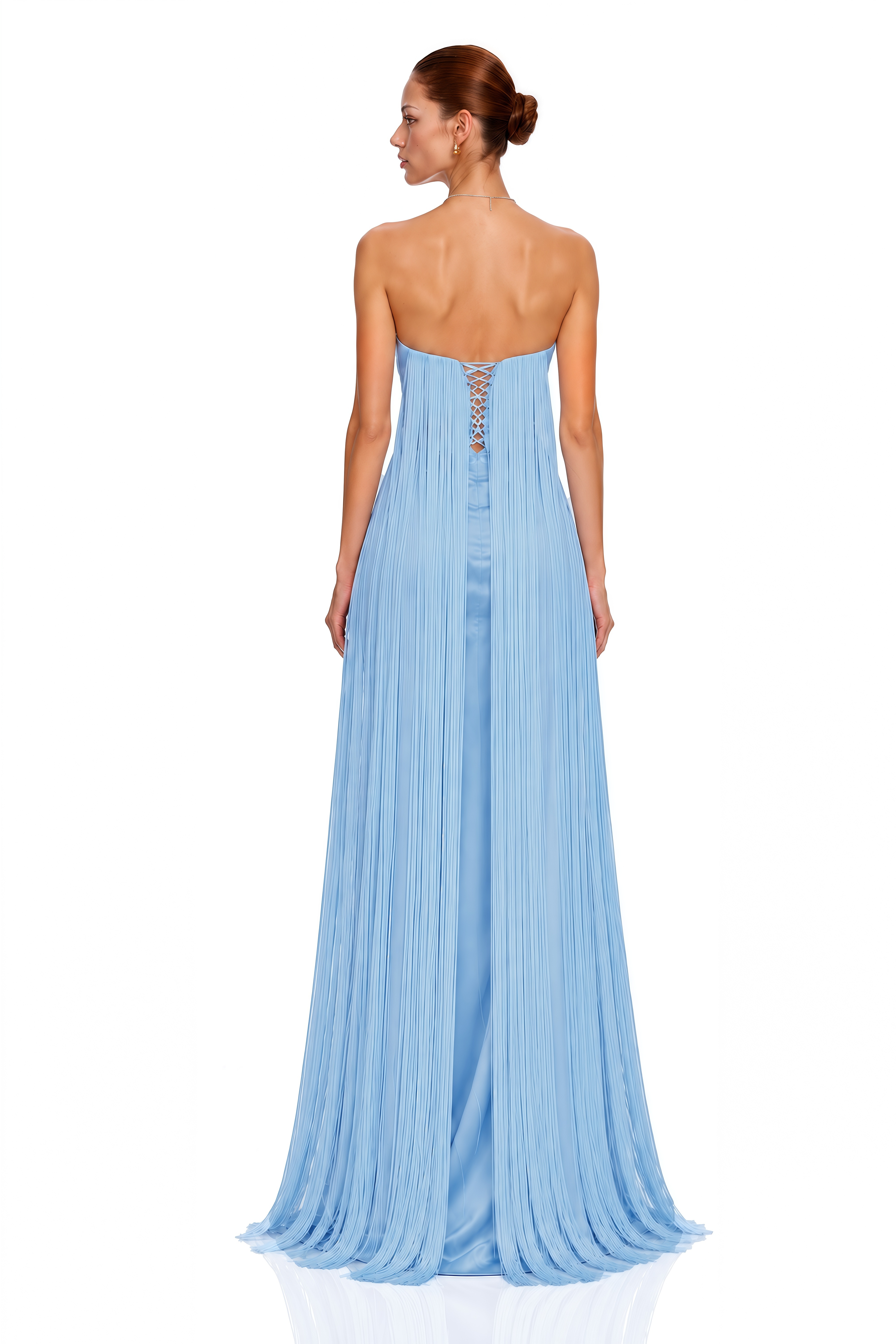 Asteria Ice Blue Strapless Fringe Maxi Dress
