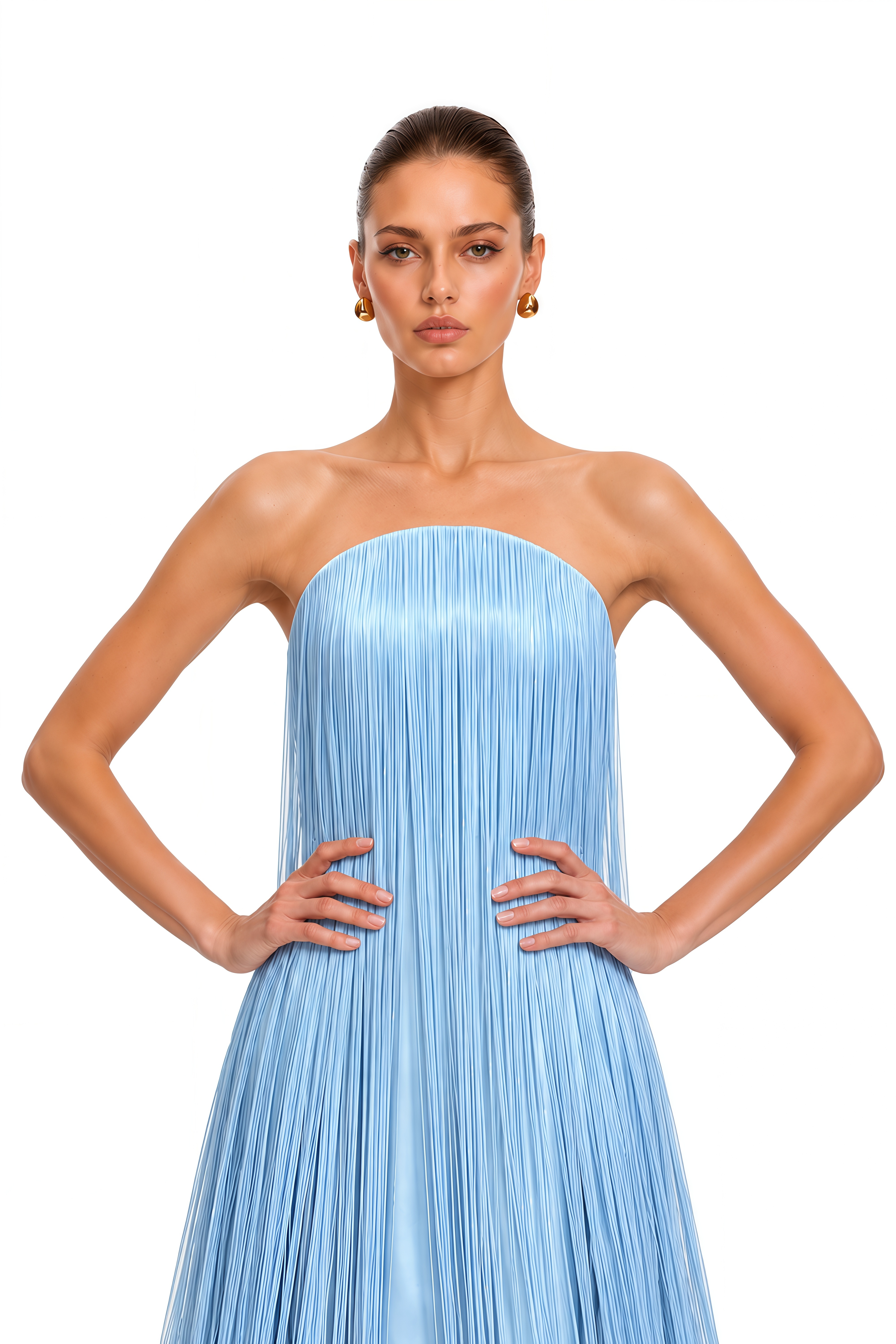 Asteria Ice Blue Strapless Fringe Maxi Dress