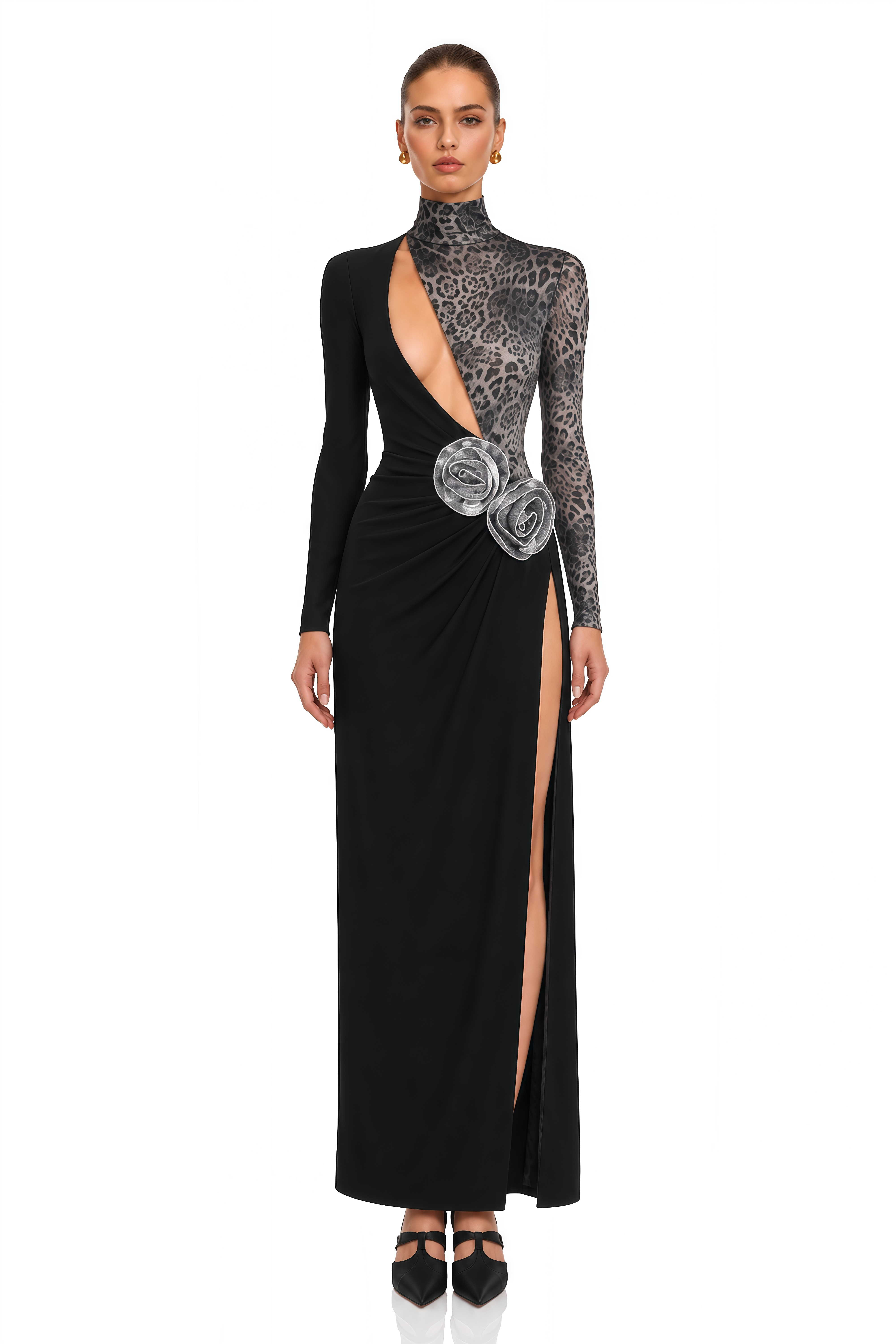 Astoria Black Leopard Print Floral Applique Maxi Dress