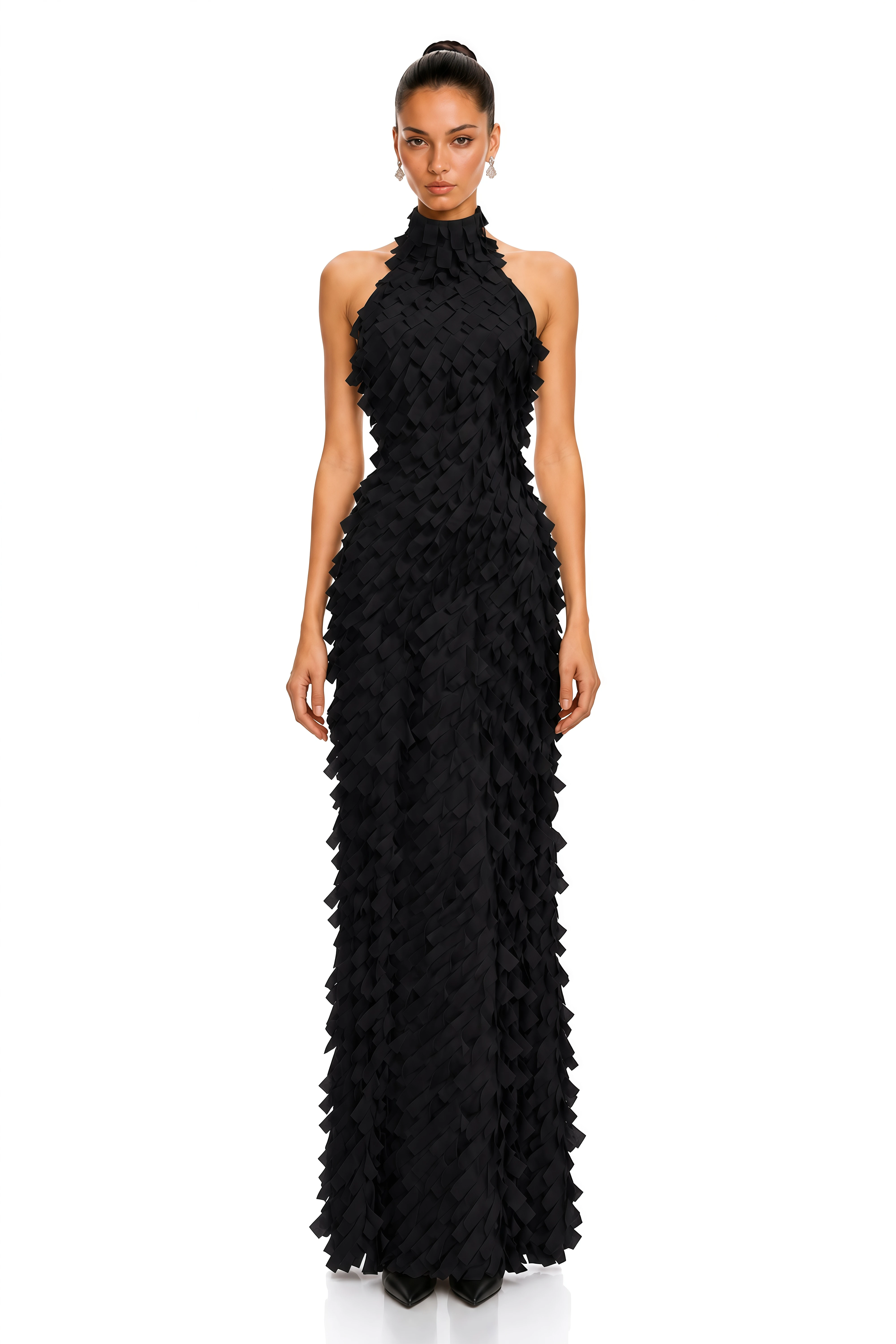 Astrid  Black 3D Textured Ribbon Halter Maxi Dress