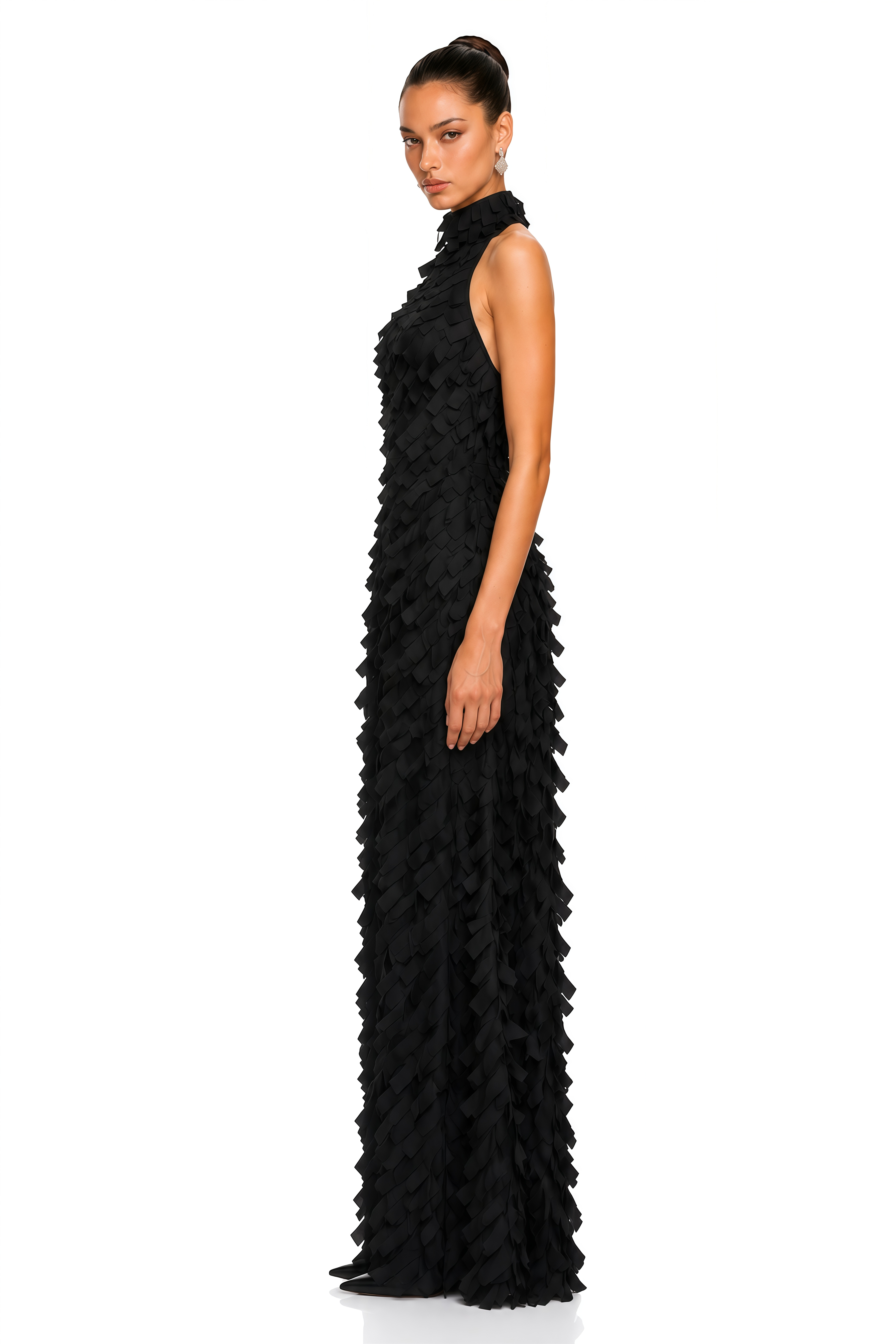 Astrid  Black 3D Textured Ribbon Halter Maxi Dress