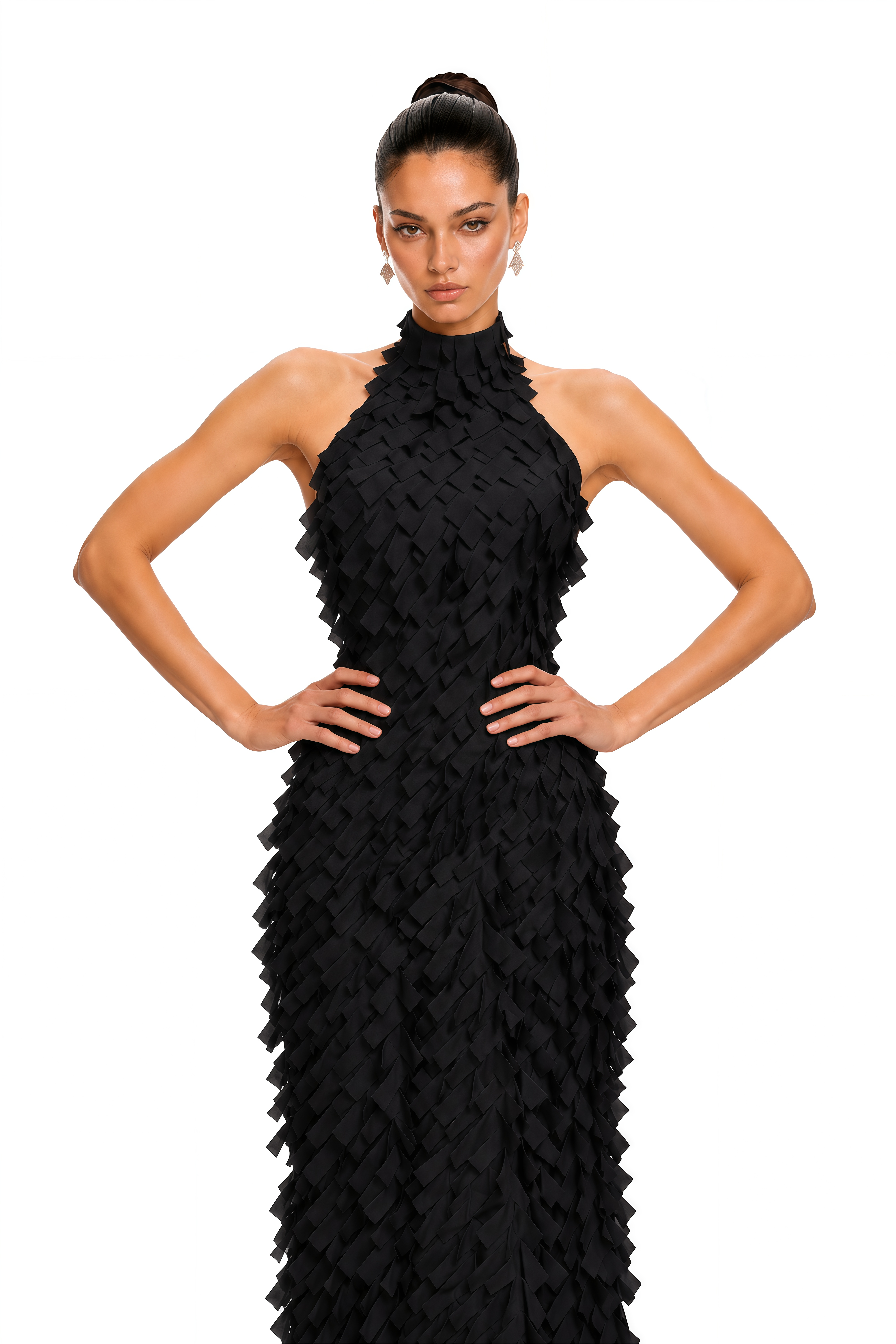Astrid  Black 3D Textured Ribbon Halter Maxi Dress