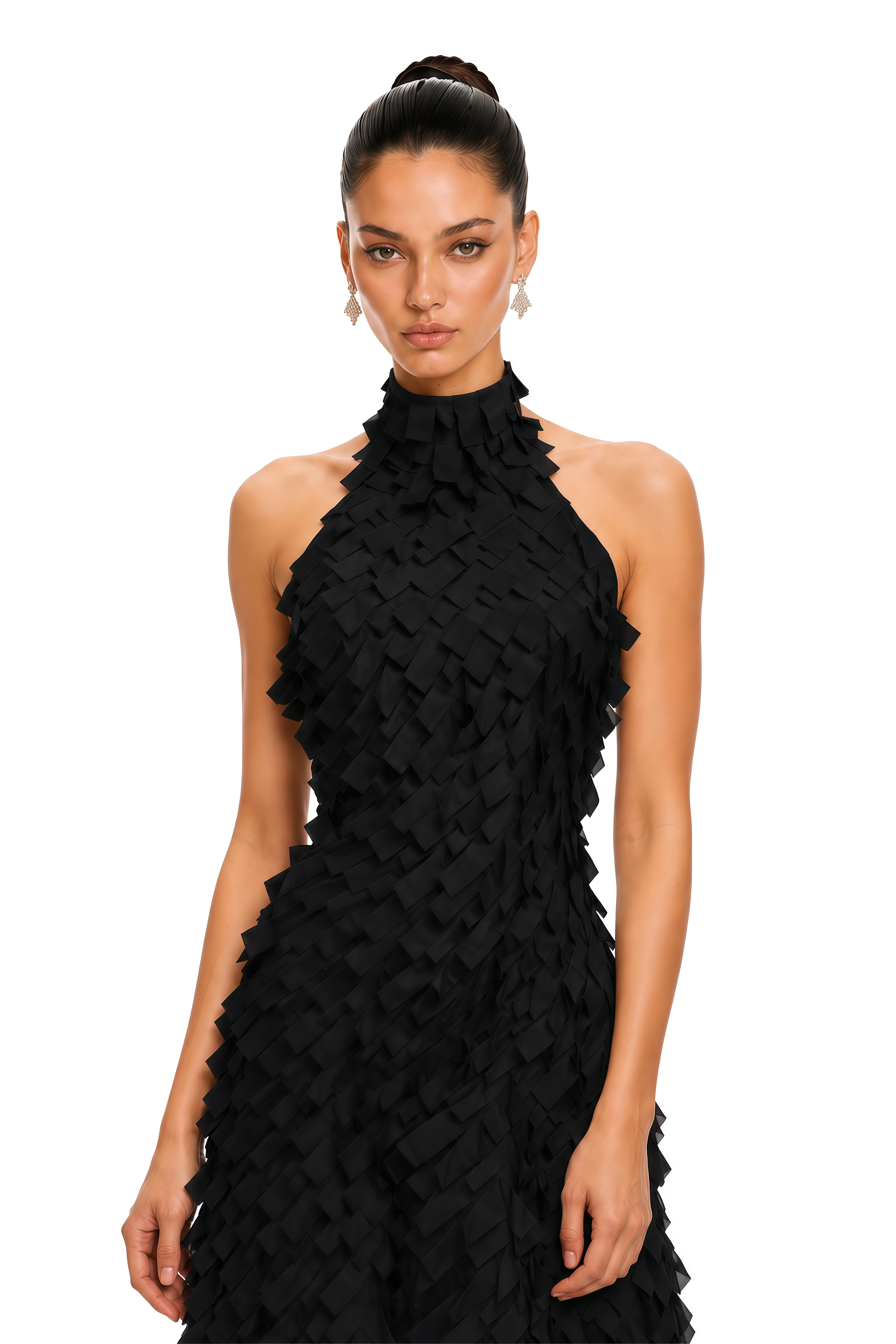 Astrid  Black 3D Textured Ribbon Halter Maxi Dress