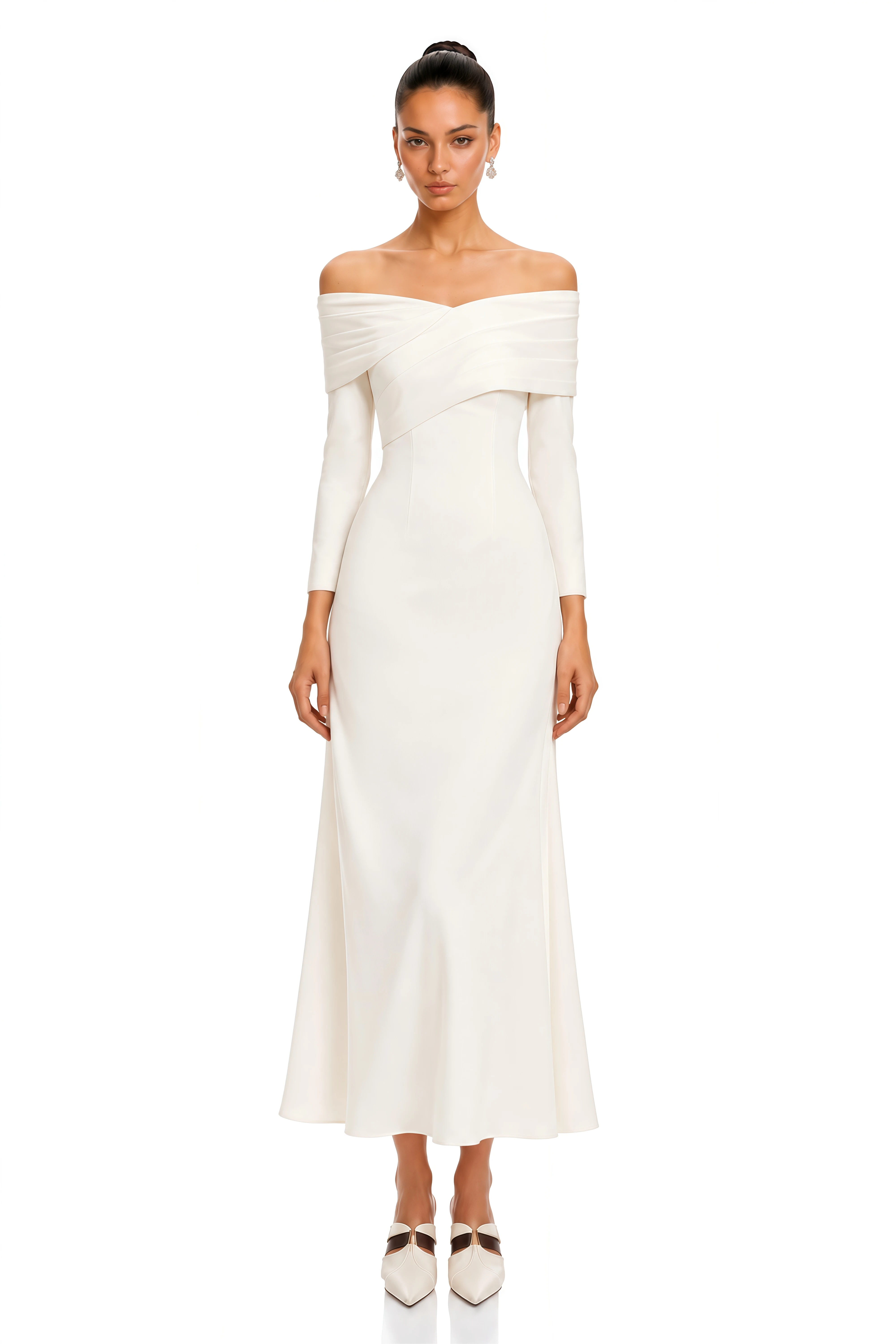 Astrid Draped Off Shoulder Long Sleeve Midi Dress