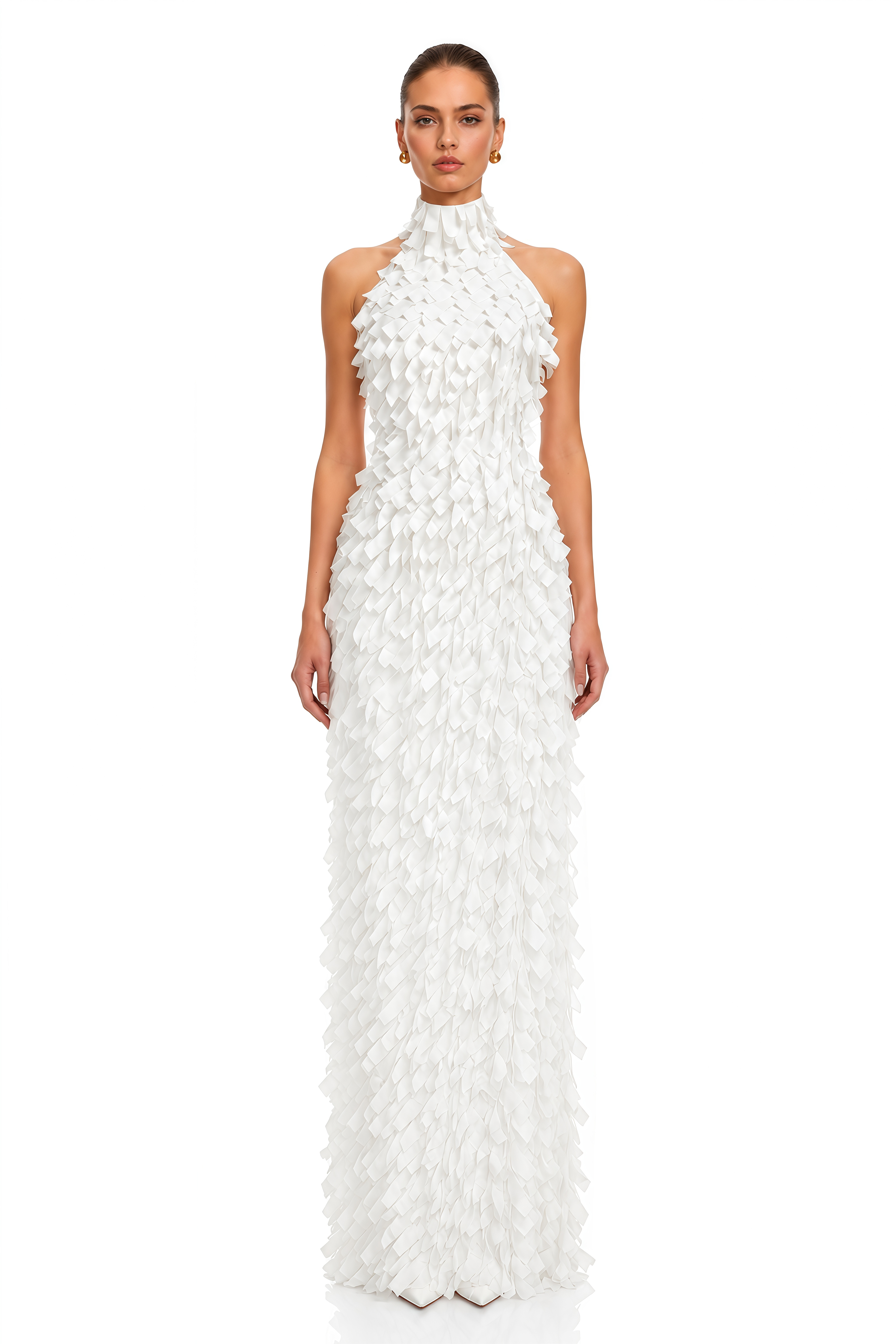Astrid  White 3D Textured Ribbon Halter Maxi Dress