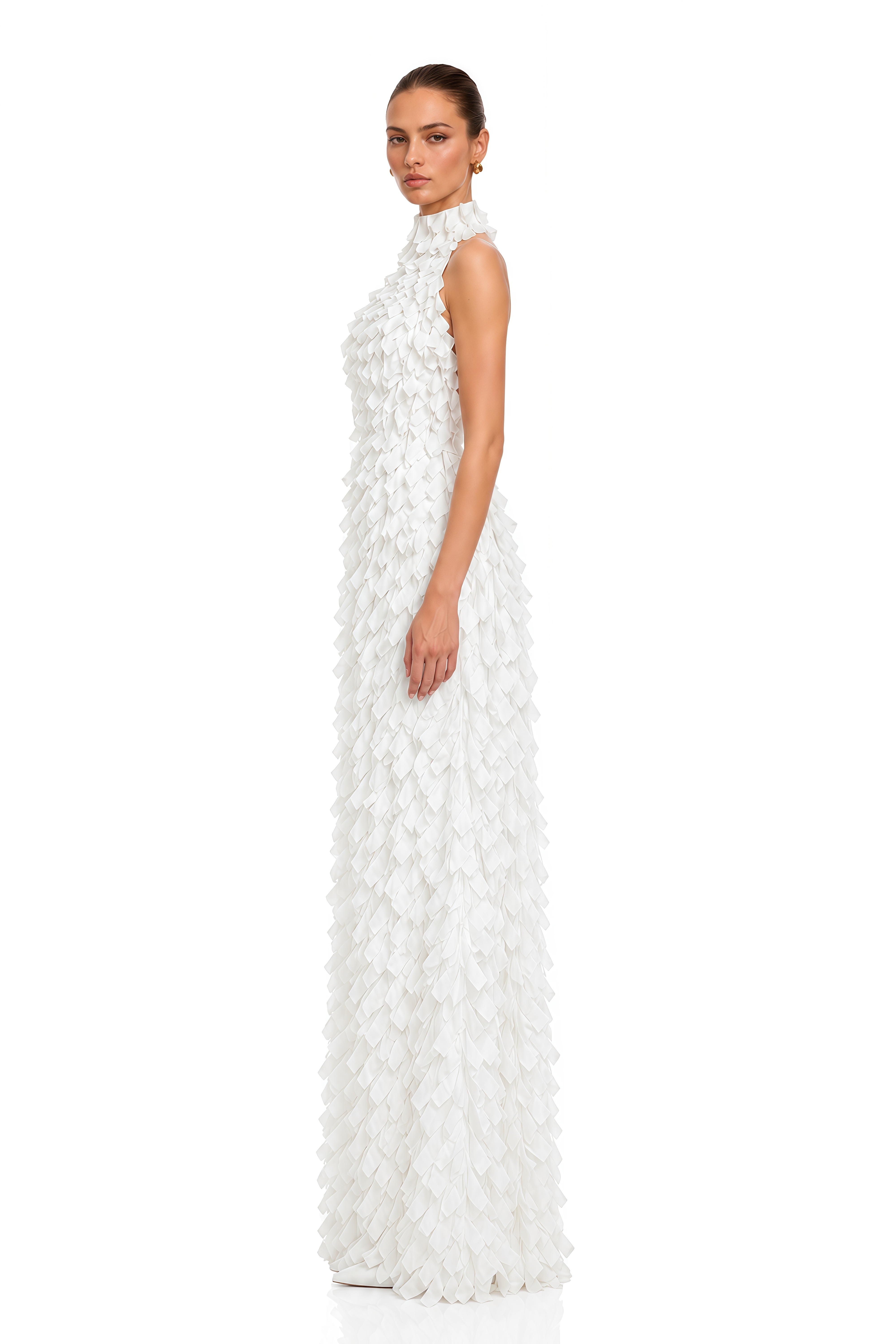 Astrid  White 3D Textured Ribbon Halter Maxi Dress