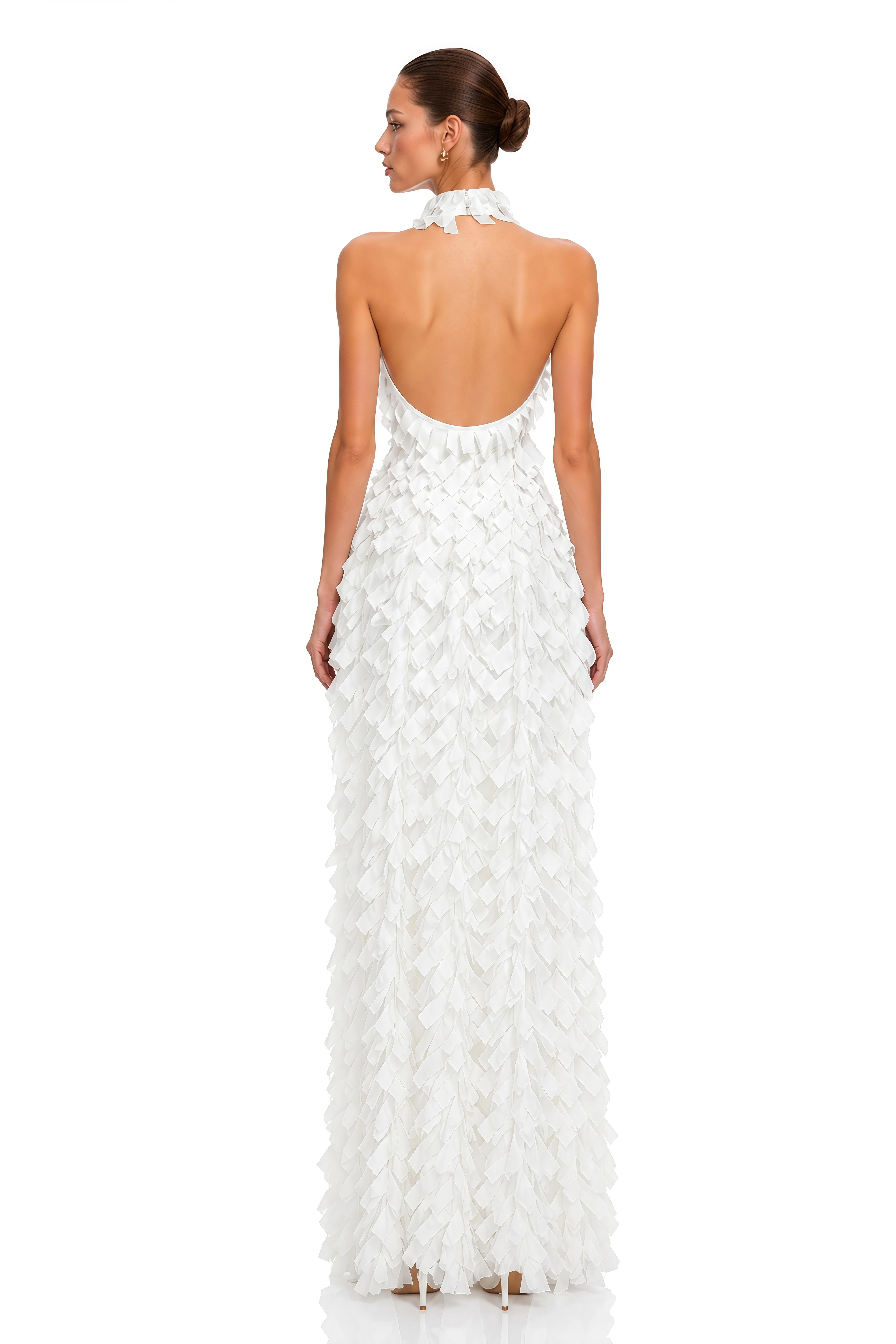 Astrid  White 3D Textured Ribbon Halter Maxi Dress