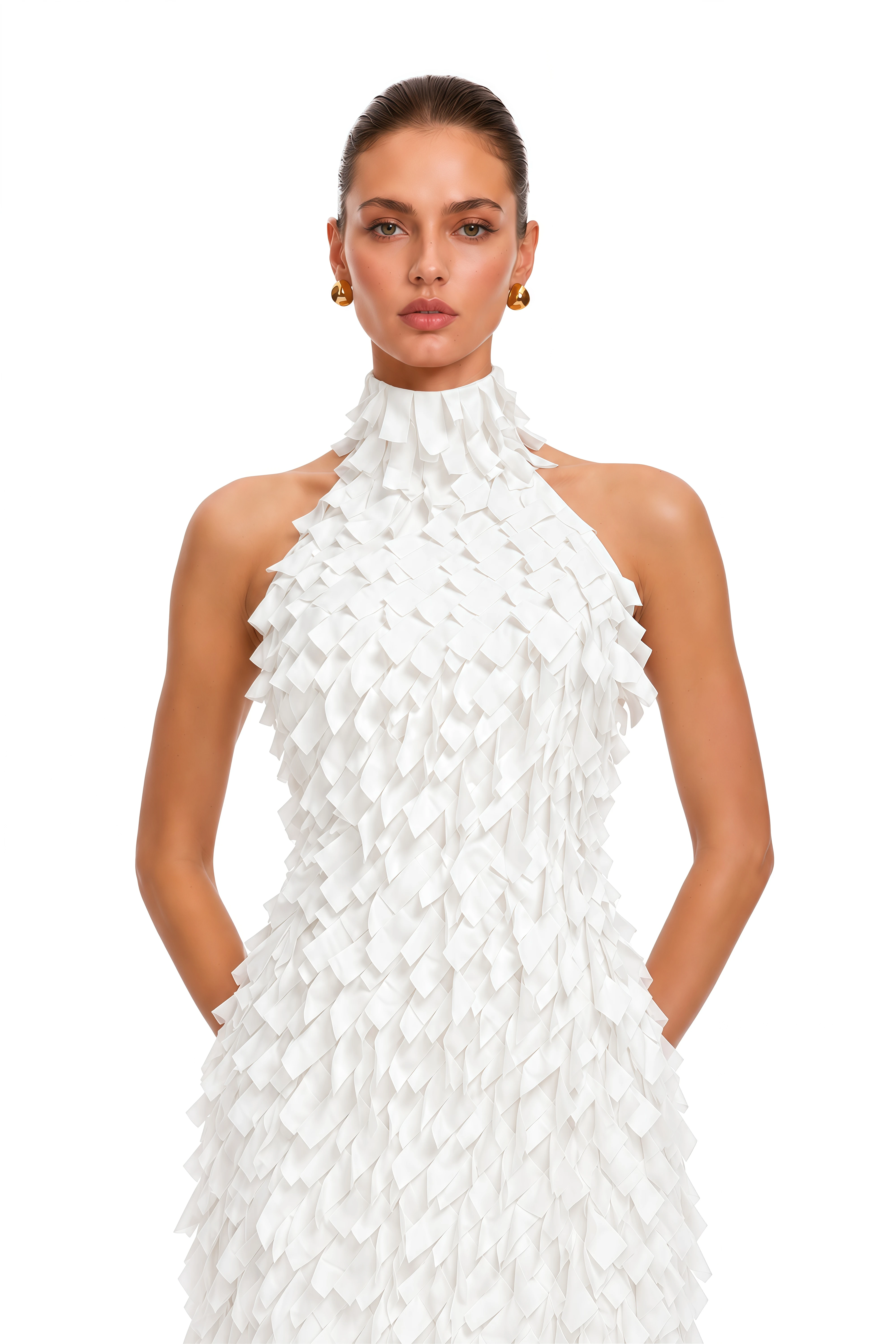 Astrid  White 3D Textured Ribbon Halter Maxi Dress