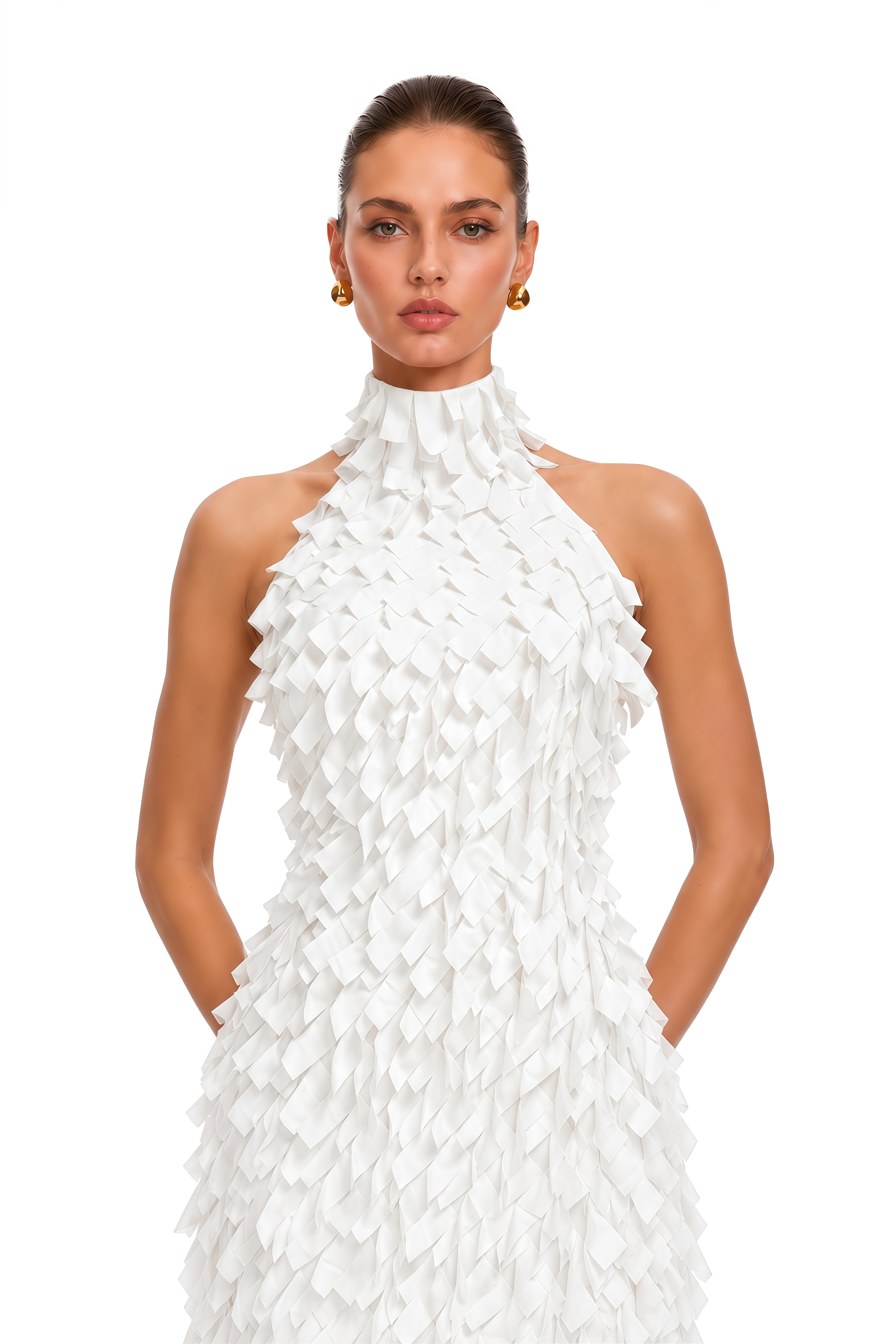 Astrid  White 3D Textured Ribbon Halter Maxi Dress