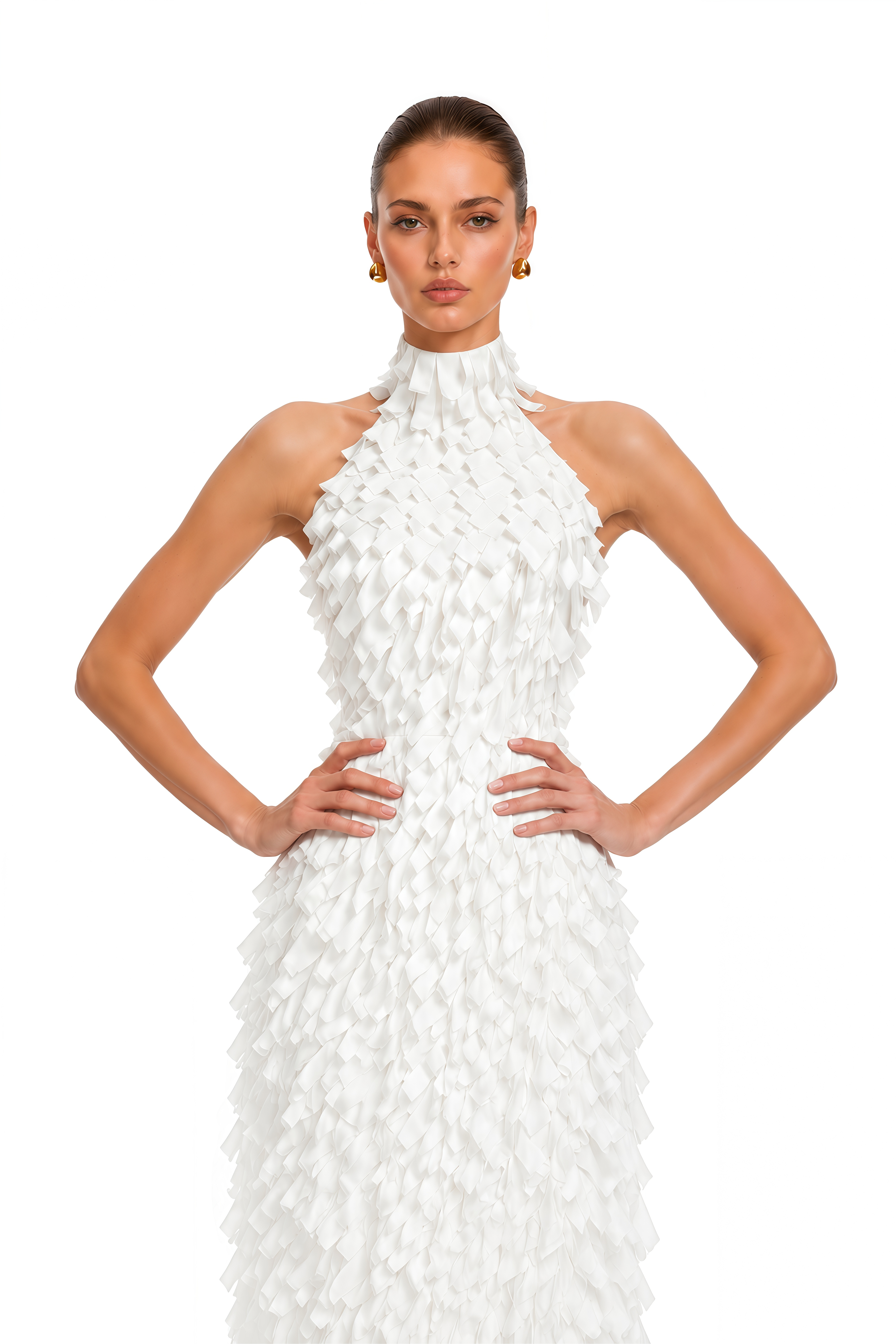 Astrid  White 3D Textured Ribbon Halter Maxi Dress