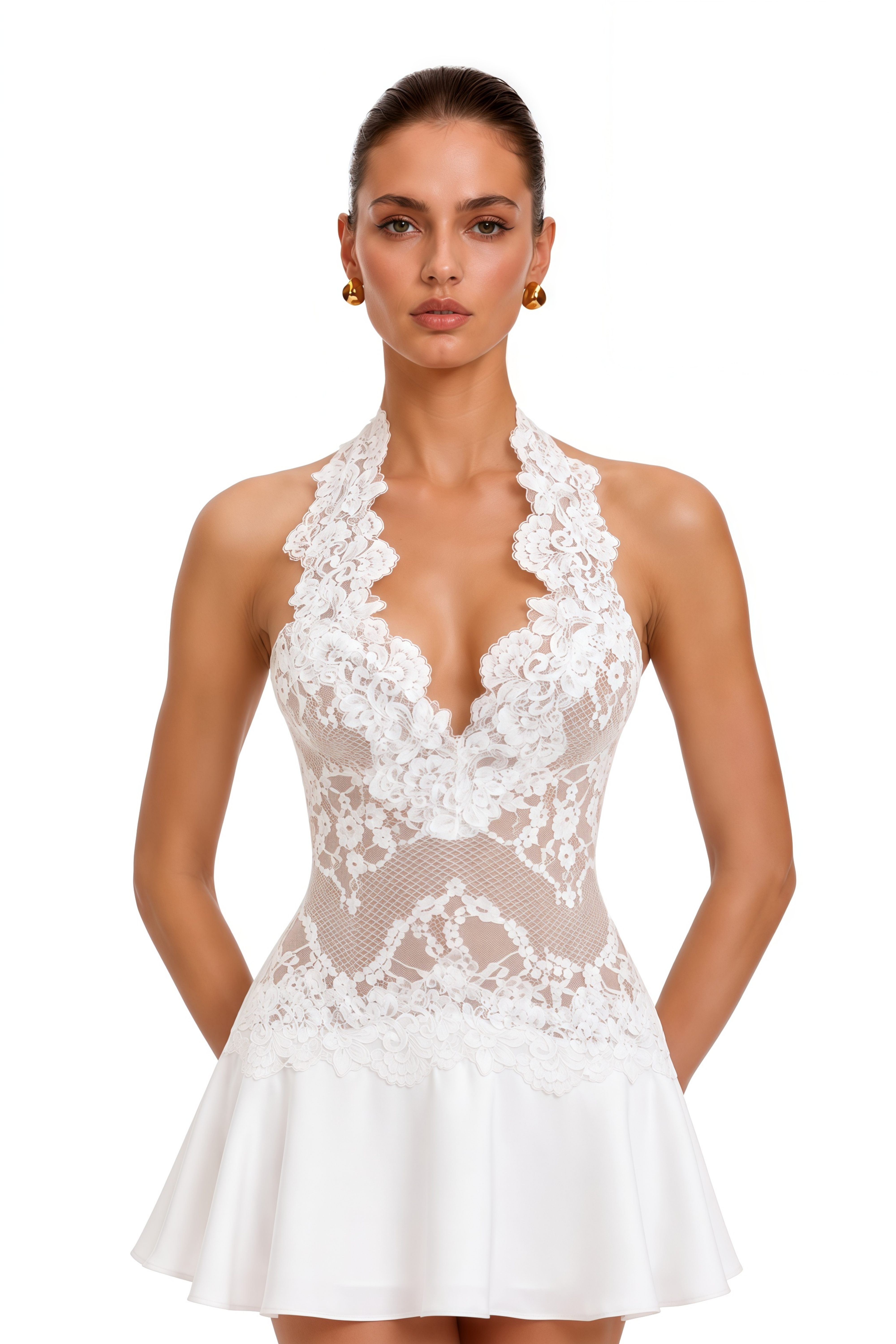 Athena White Deep V-Neck Lace Satin Mini Dress