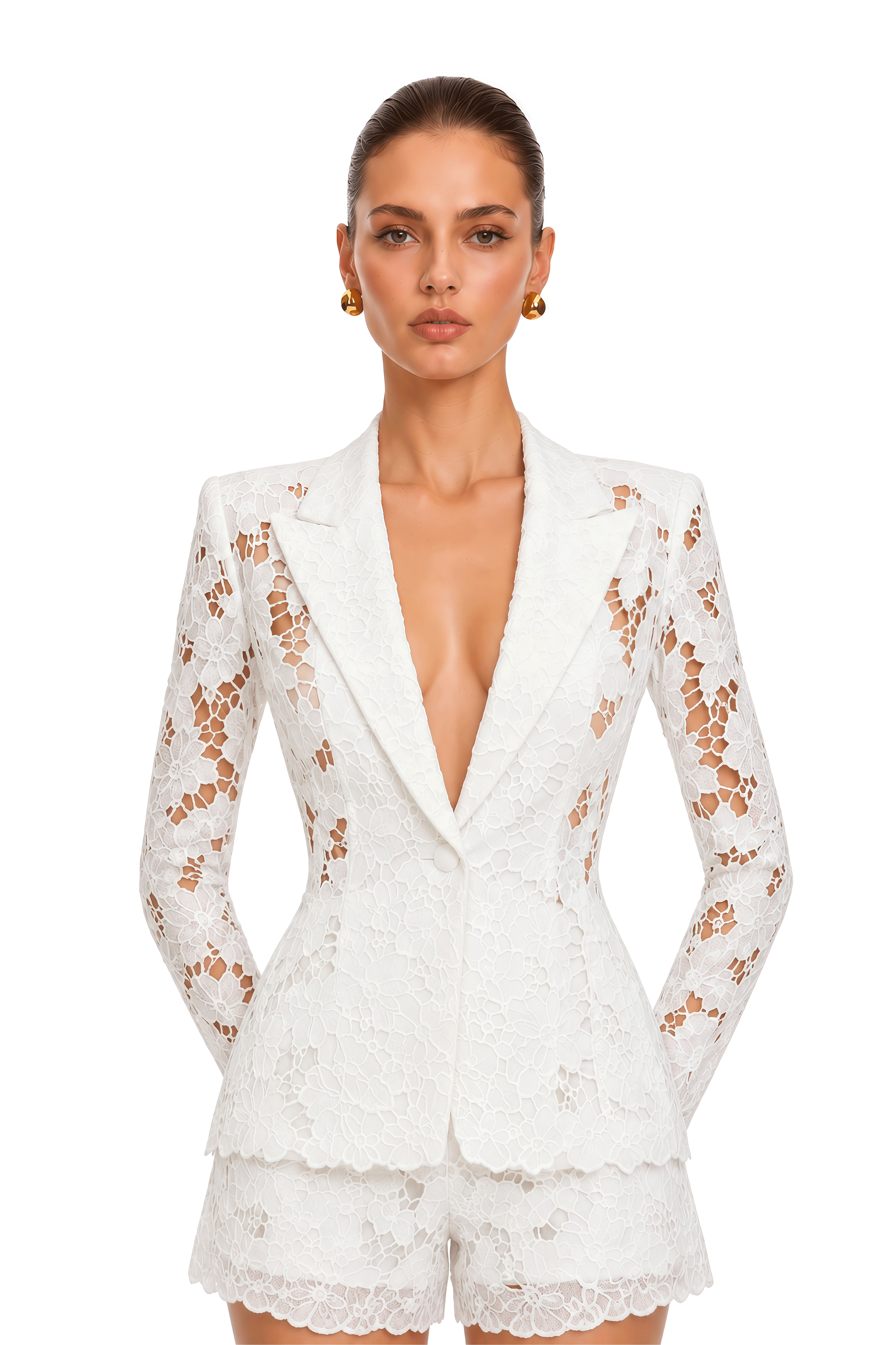 Athena White Floral Lace Blazer & Shorts Set