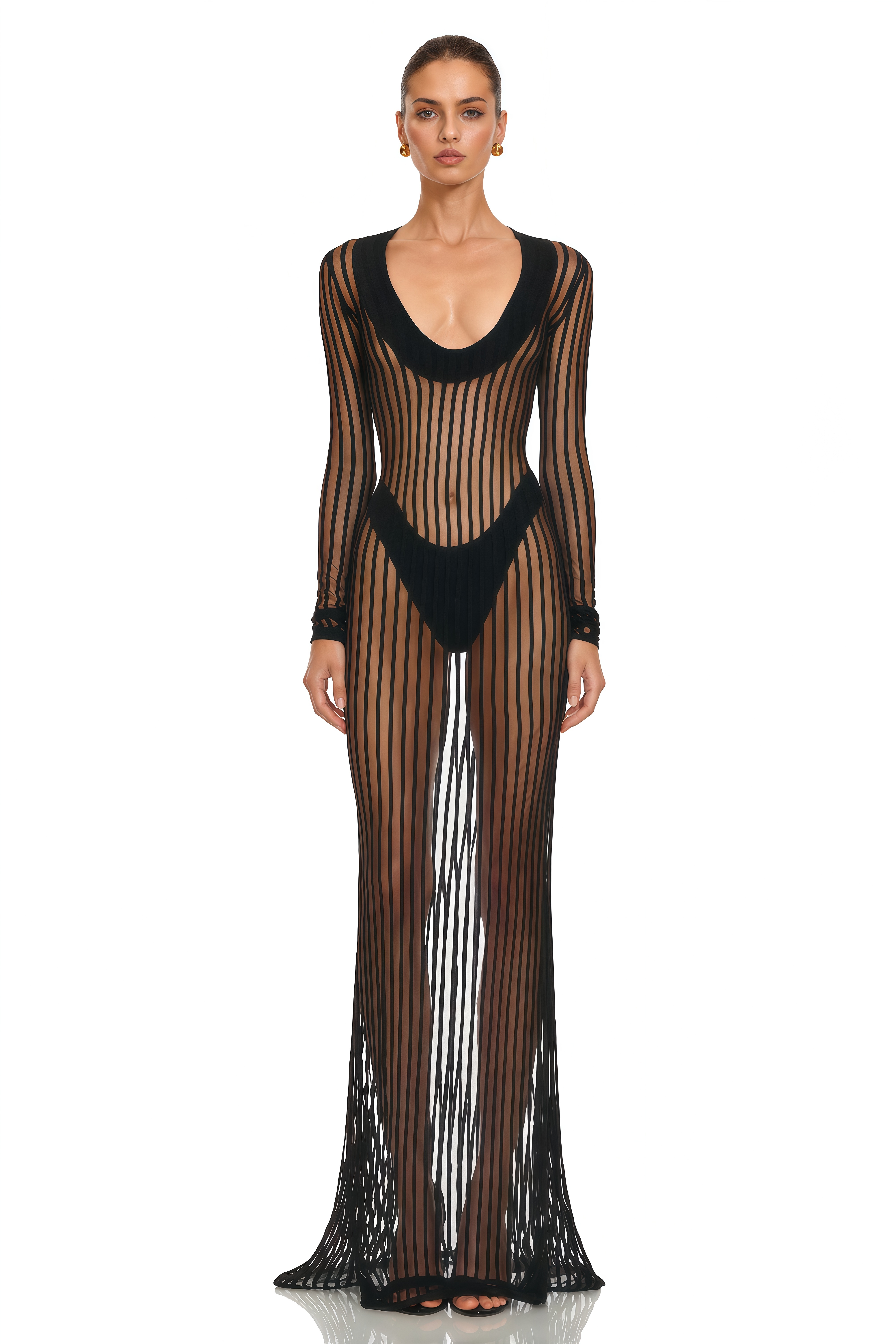Audrey Black Sheer Striped Long Sleeve Maxi Dress