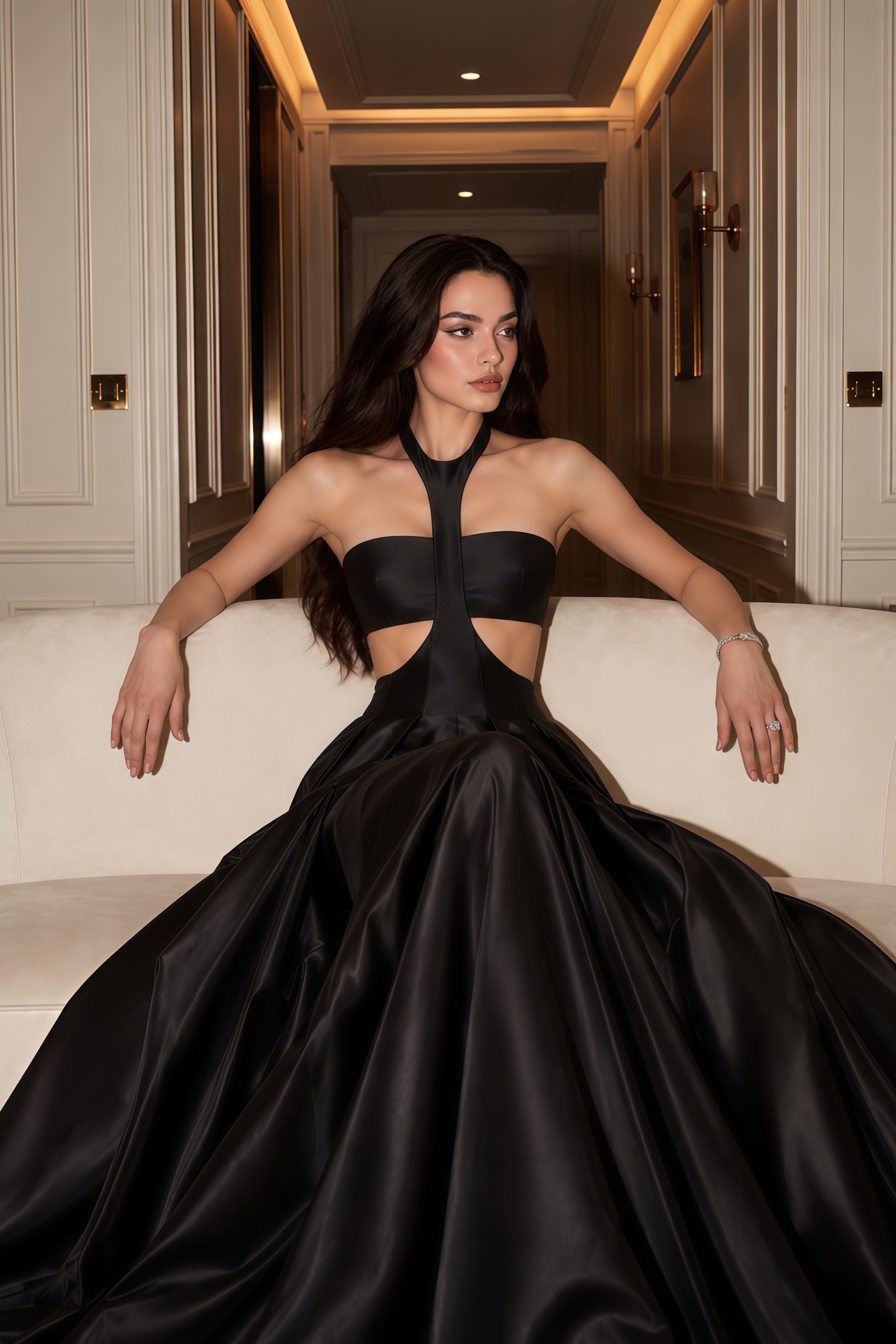 Aurelia Black Cutout Halterneck Satin Maxi Dress