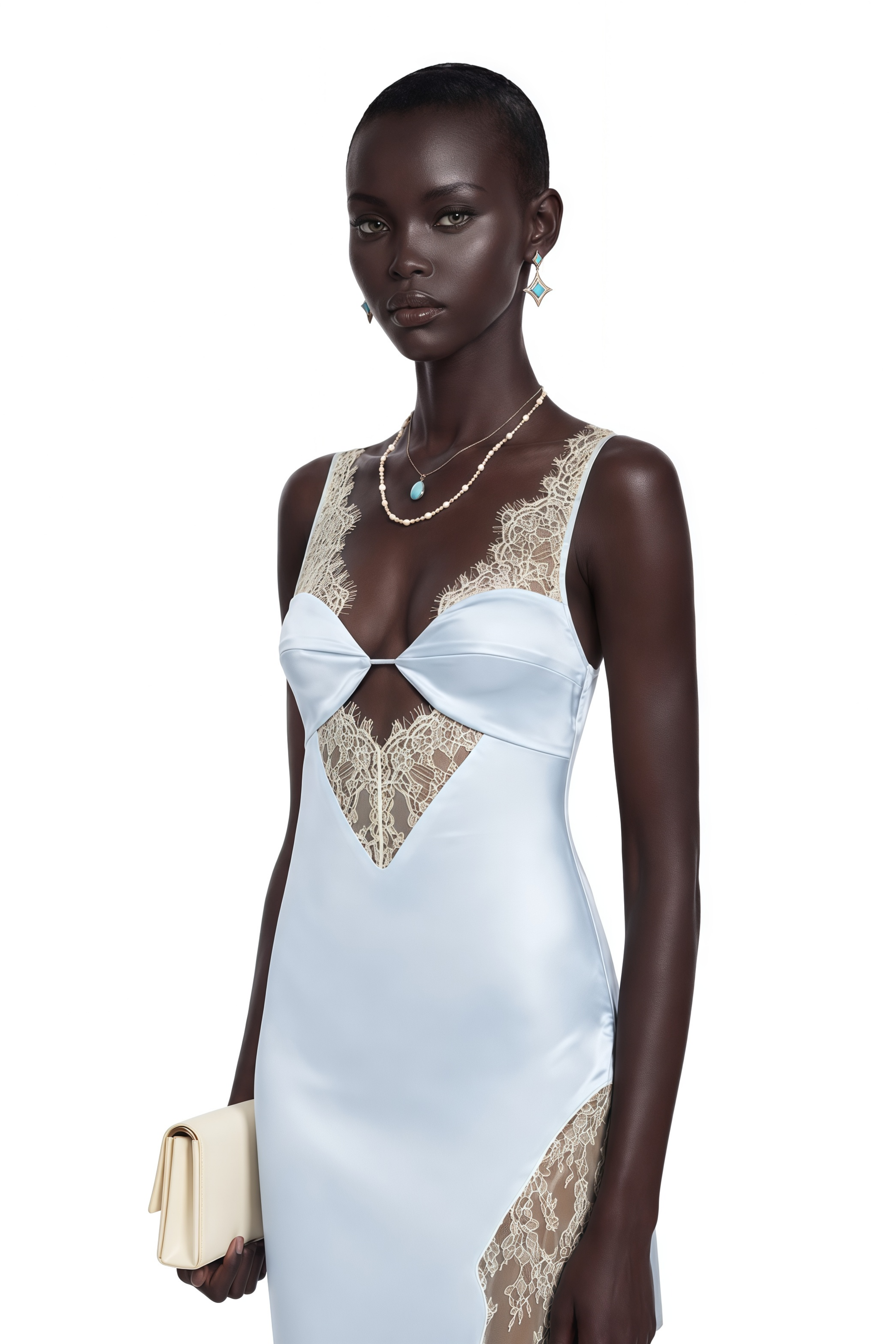 Aurelia Ice Blue Satin Lace-Panelled Cut-Out Maxi Dress