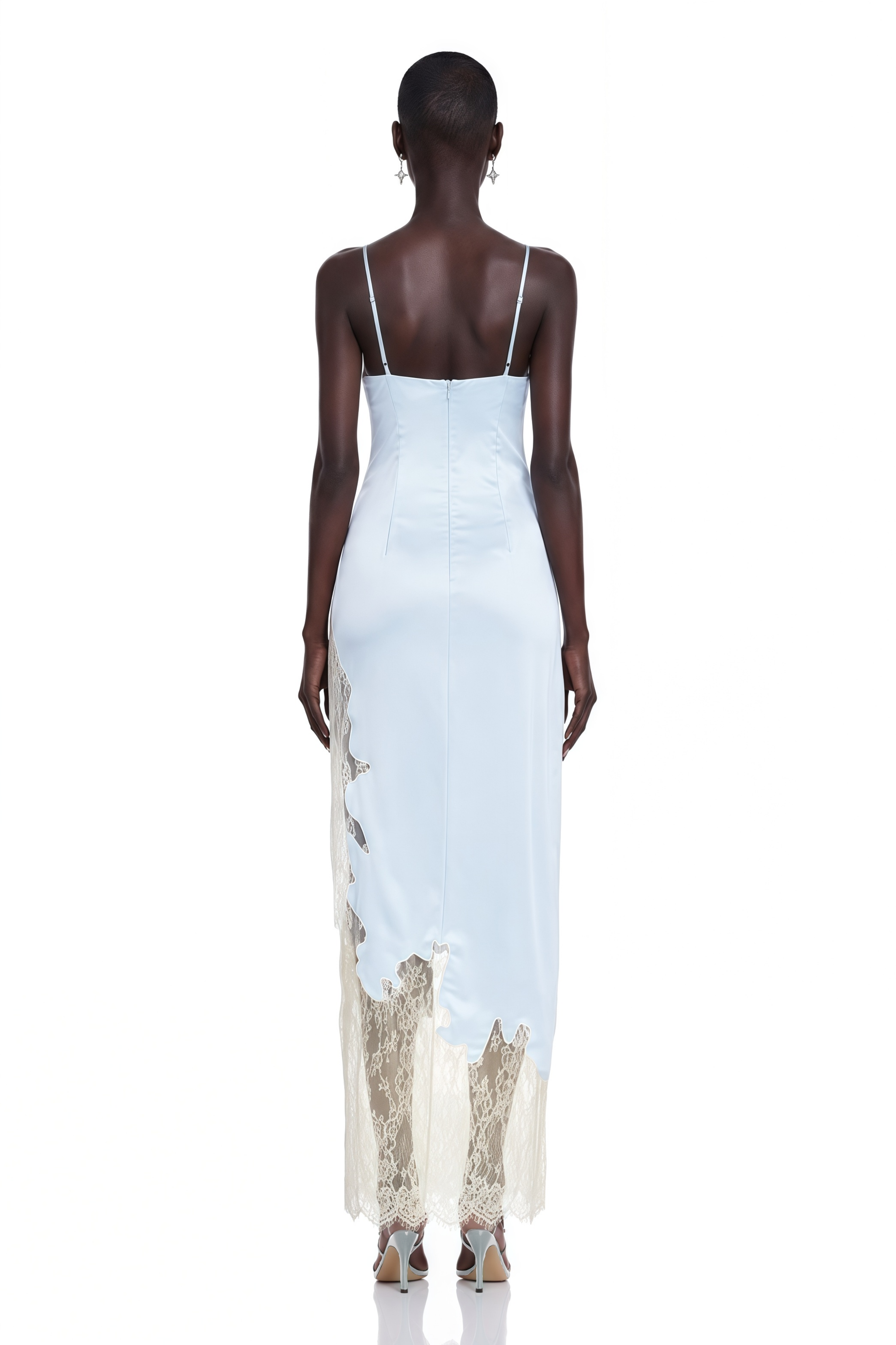 Aurelia Ice Blue Satin Lace-Panelled Cut-Out Maxi Dress