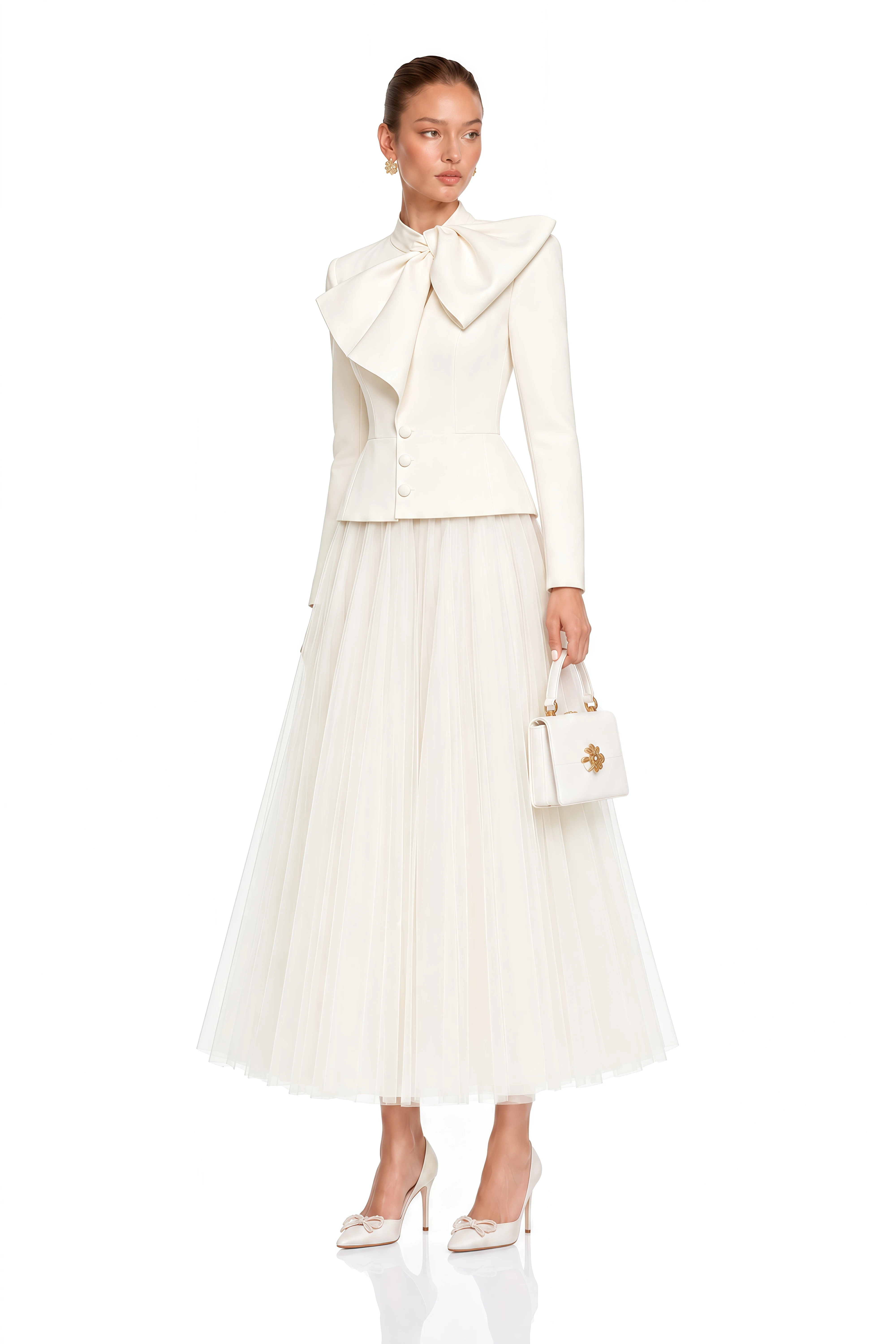 Aurelia White Bow Collar Jacket & Tulle Skirt Set