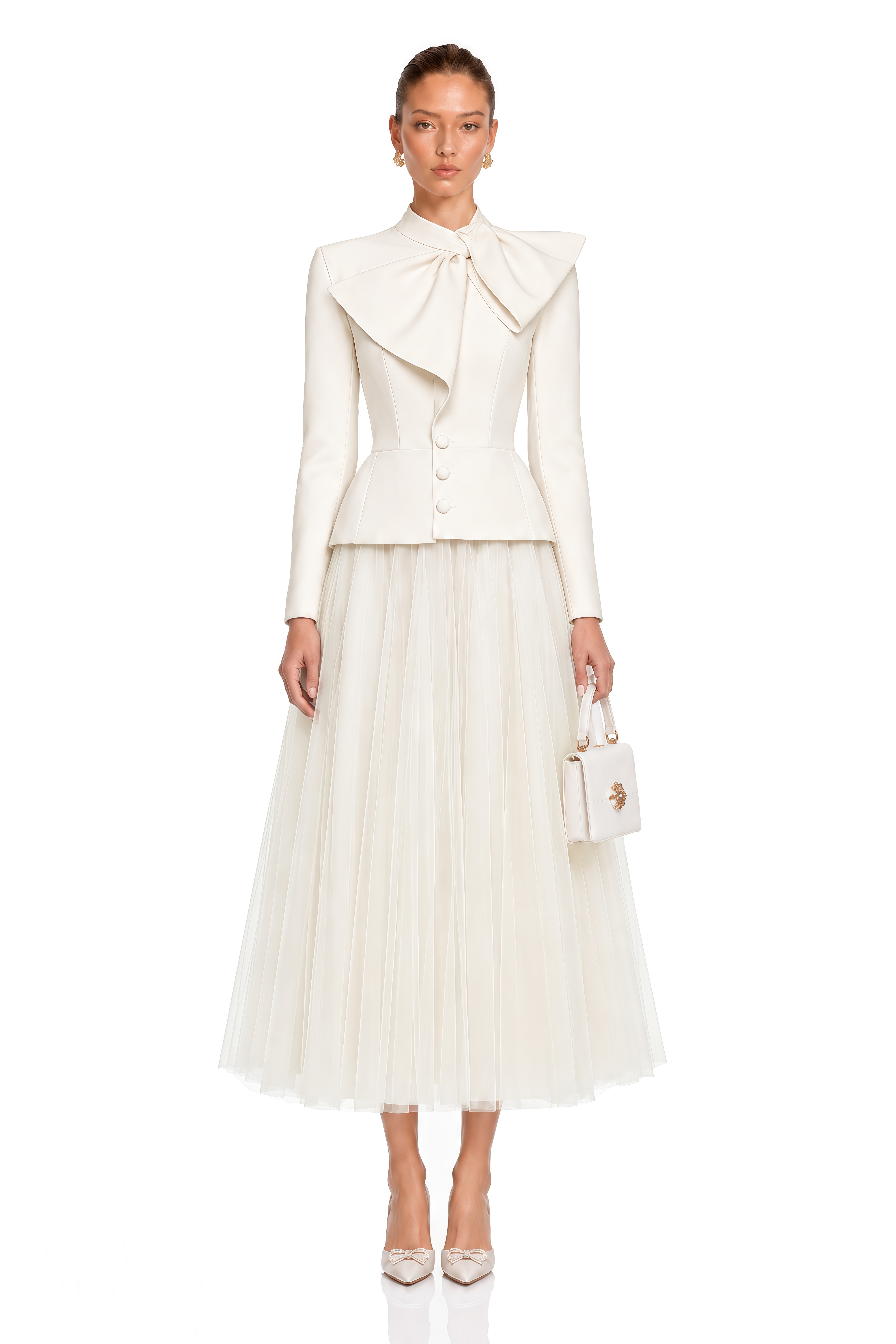 Aurelia White Bow Collar Jacket & Tulle Skirt Set