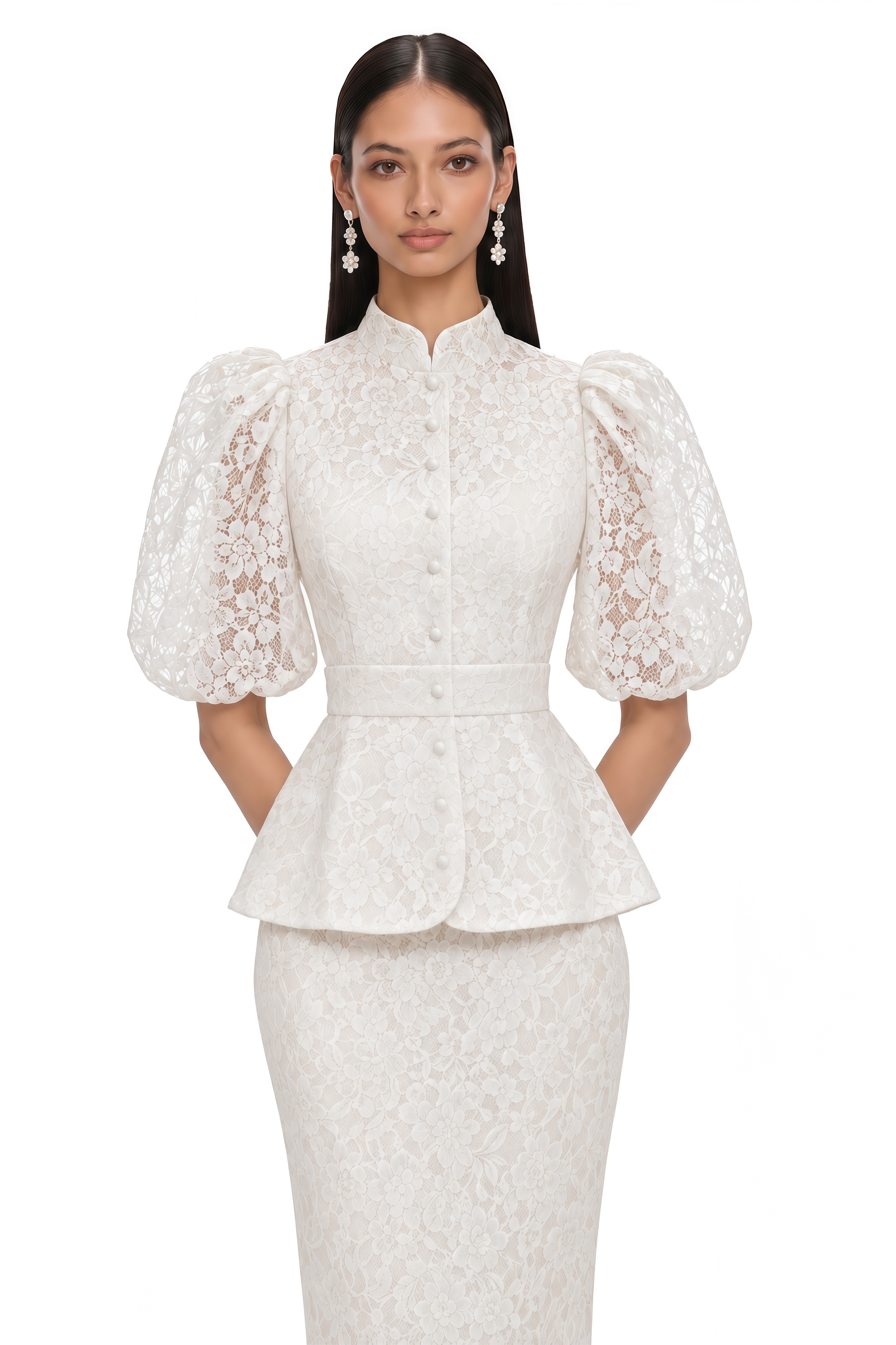 Aurelia White Floral Lace Puff Sleeve Blouse & Midi Skirt Set