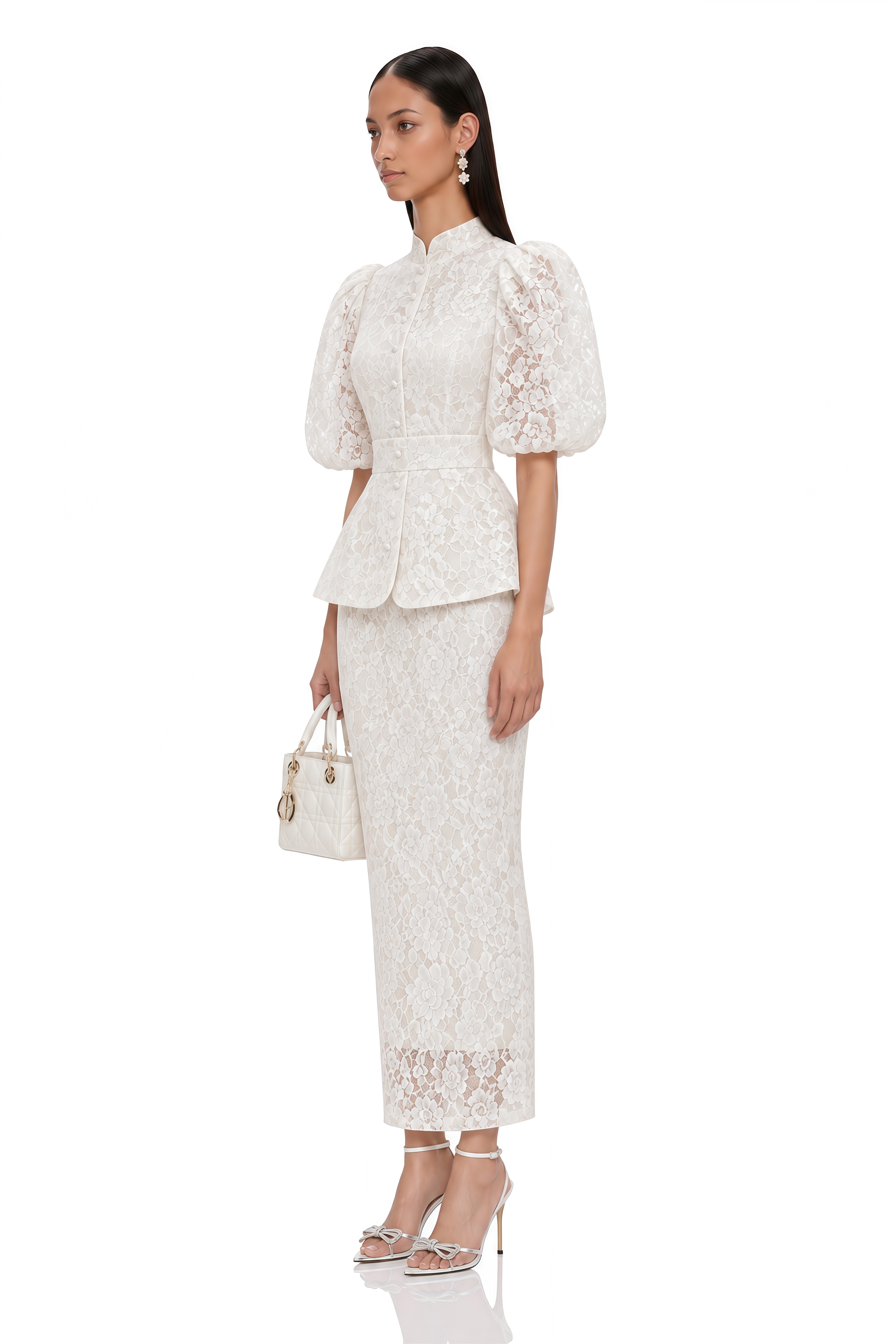 Aurelia White Floral Lace Puff Sleeve Blouse & Midi Skirt Set