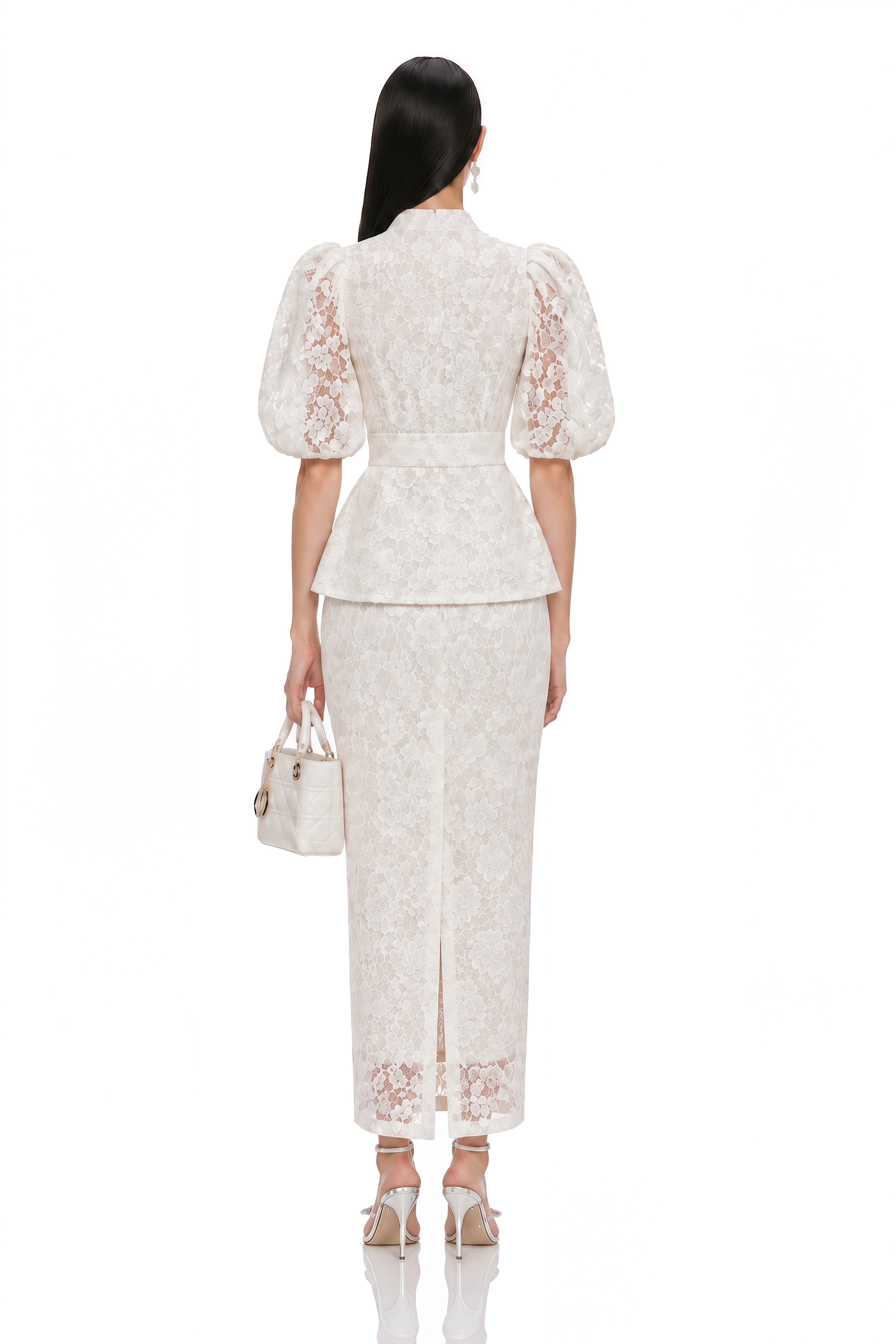 Aurelia White Floral Lace Puff Sleeve Blouse & Midi Skirt Set